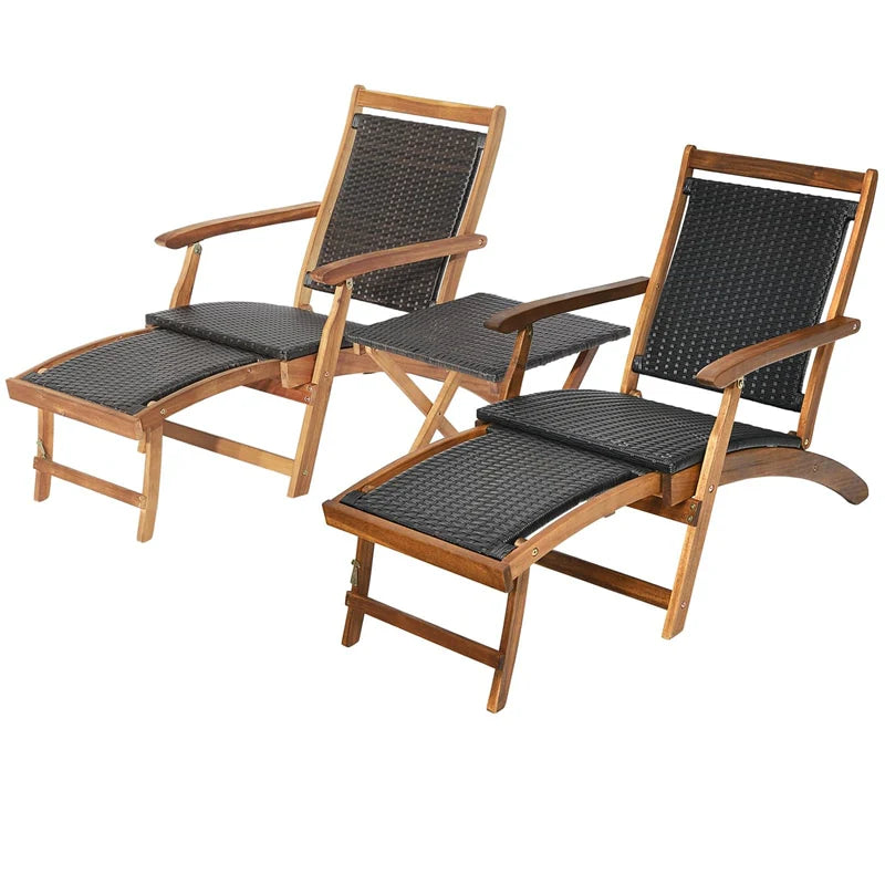 3-Piece Patio Lounge Chair Set, Acacia Wood Rattan Wicker Folding Chaise Lounge with Retractable Ottoman & - Product image 2
