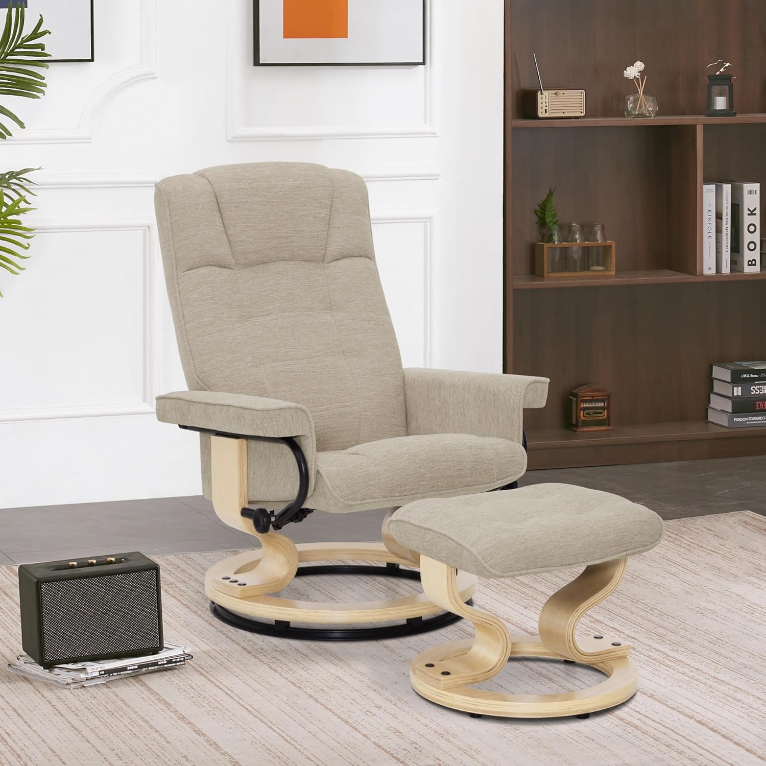 M MCombo Relax Armchair with Pouf, 360° Swivel TV Armchair with Chaise Longue Function, TV Armchair Supporting Up to 120 Kg, Rest Armchair for Living Room, 9019 (Fabric, Beige)