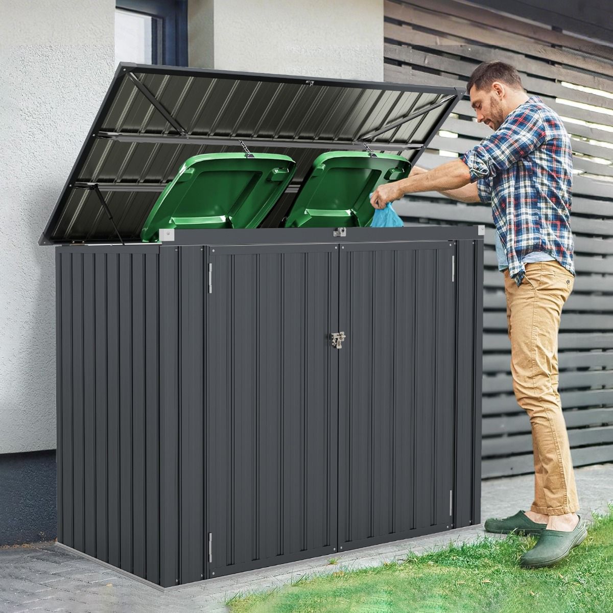 Galvanized Metal Storage Shed for Outdoor Bins Lockable Garden Shed with Open Roof 2 Doors 172X95.5X130CM Gray -