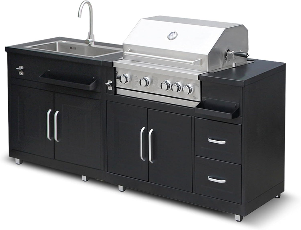 Outdoor metal kitchen with barbecue sink and storage