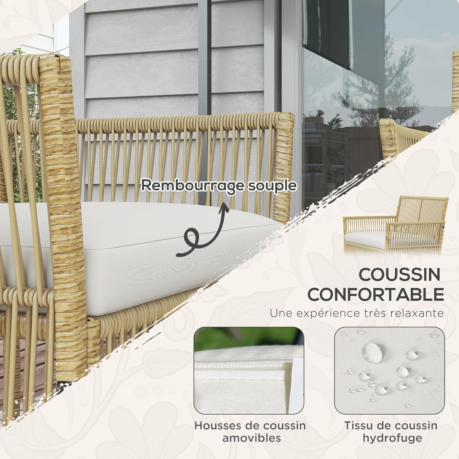 Outsunny Outdoor garden furniture 4 pieces 2-seater sofa + 2 armchairs + 1 coffee table Black tempered glass top 3 seat cushions - metal and woven resin - Beige