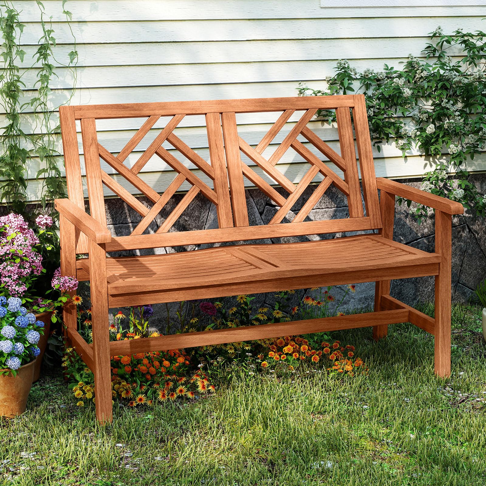 Tangkula Outdoor Bench Wood 2-Person Patio Loveseat Chair with Geometric Backrest - Product image 2