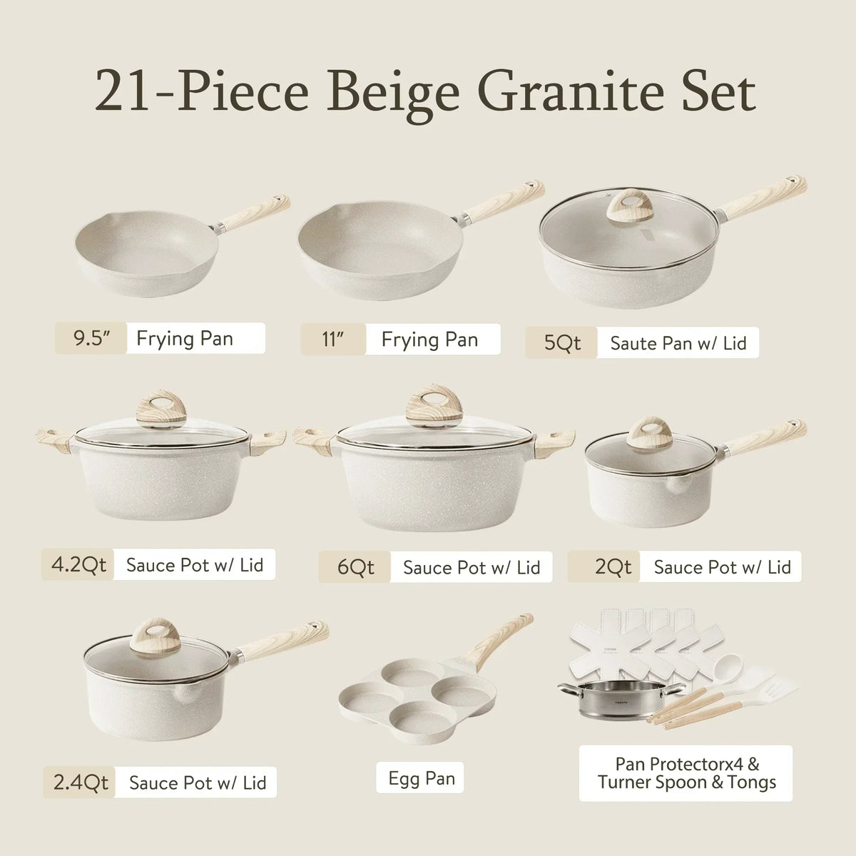 Non Stick Pots and Pans Set, 21 Pcs Induction Kitchen Cookware Sets (Beige Granite) - Product image 2
