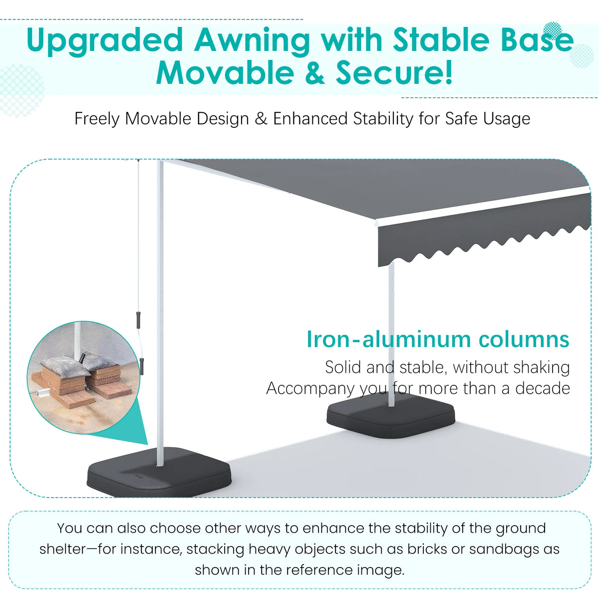 AECOJOY Free Standing Retractable Awning, 10'x8' Patio Awnings Outdoor Manual Sun Shade Shelter, Dark Grey - Product image 4
