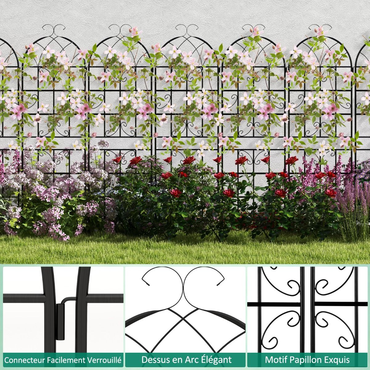 Set of 4 Metal Garden Trellis 180 x 50 cm Decorative Fence for Climbing Plant Rust-Proof Flower Grid for Garden Courtyard Patio Black -