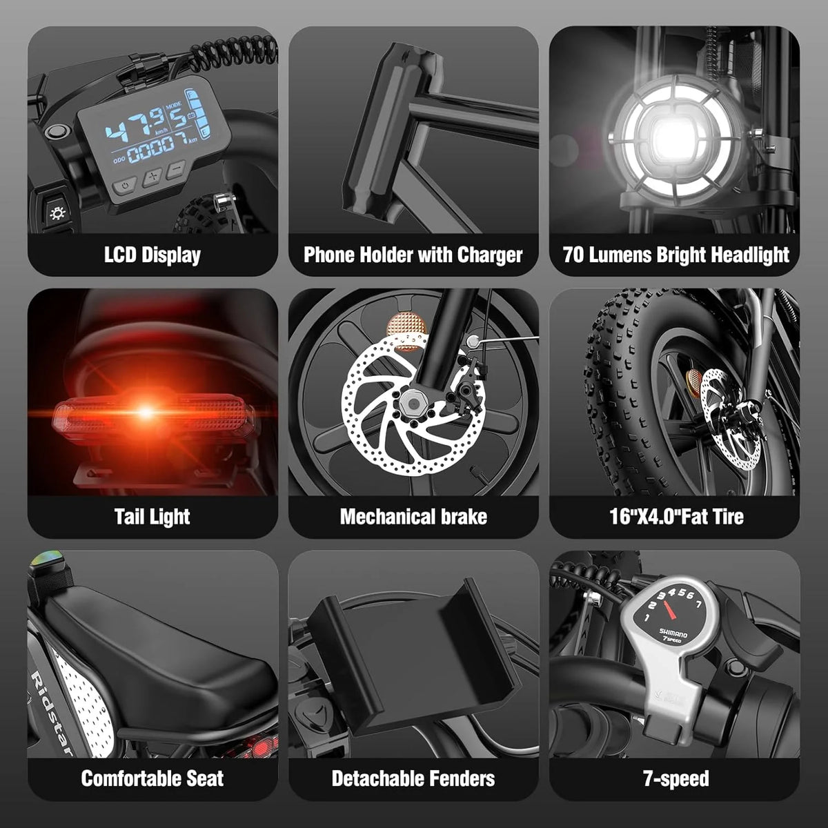 Ridstar Electric Bike for Adults Q20, 1200W 30MPH, 48V 15.6ah Electric Bicycle - Product image 18