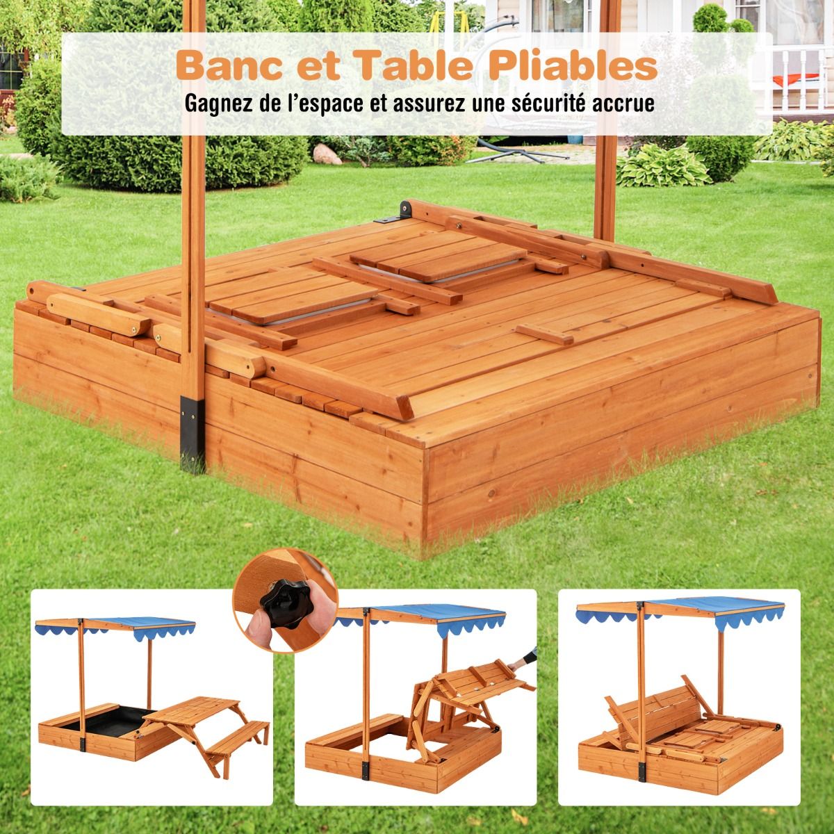 Wooden Children's Sandbox with Lid Play Area with Foldable Sensory Table & Adjustable Parasol Bench for 3+ Years Natural -