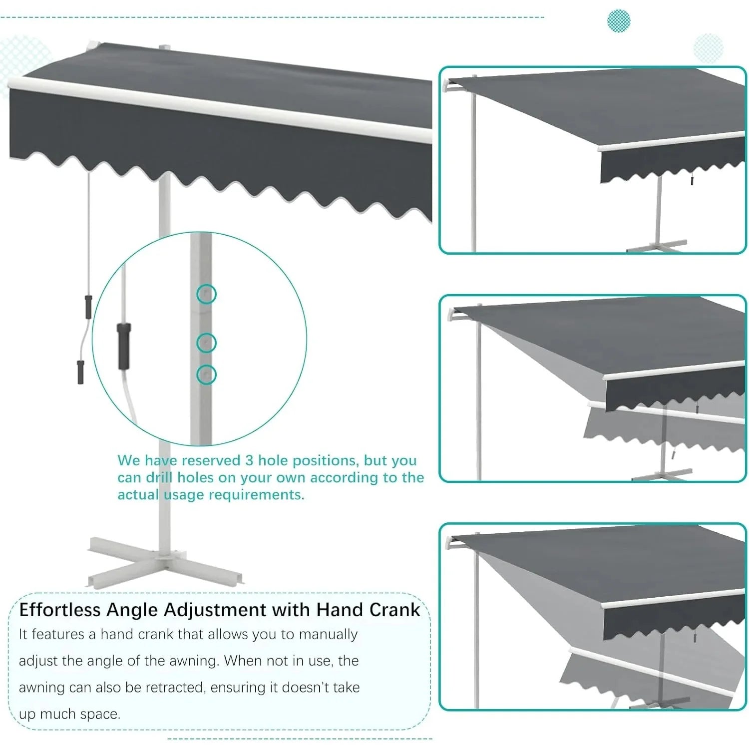 AECOJOY Free Standing Retractable Awning, 10'x8' Patio Awnings Outdoor Manual Sun Shade Shelter, Dark Grey - Product image 13