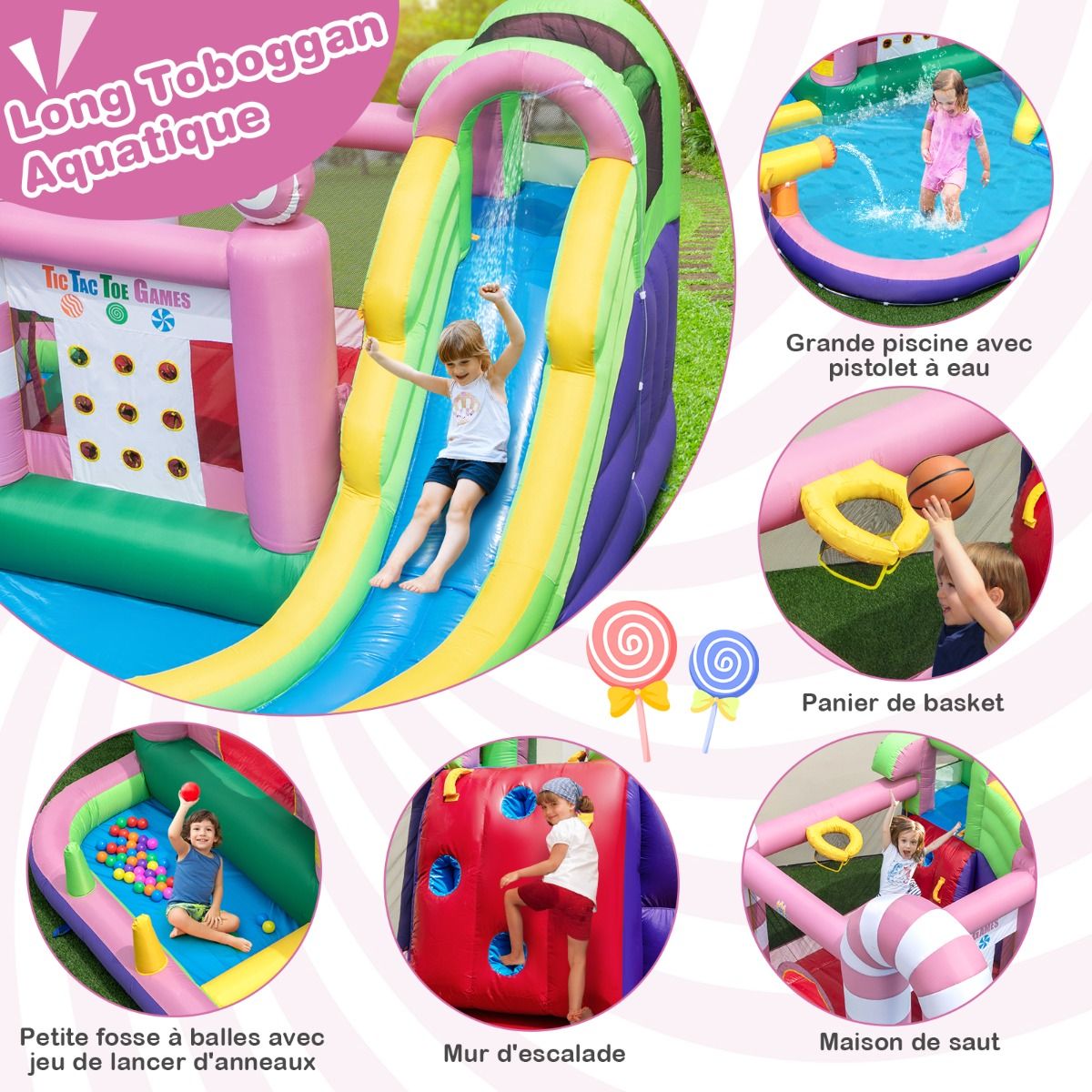 9 in 1 Candy Shaped Bouncy Castle with Slide Inflatable Jumping House with Water Gun Load 90kg for 2 Children Aged 3-10 -