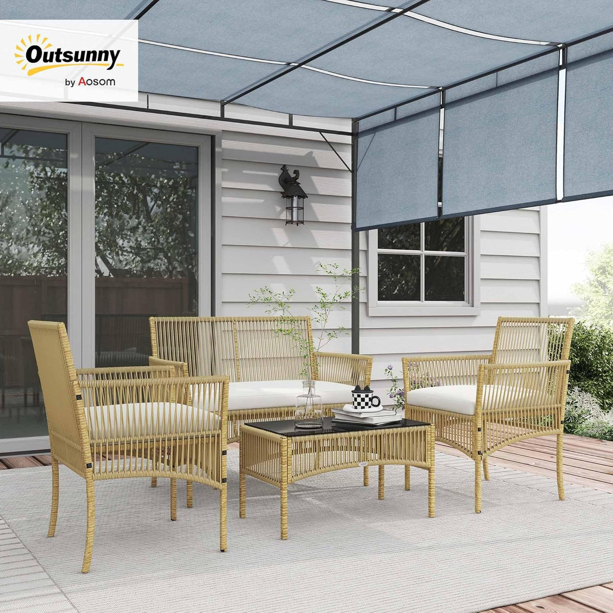 Outsunny Outdoor garden furniture 4 pieces 2-seater sofa + 2 armchairs + 1 coffee table Black tempered glass top 3 seat cushions - metal and woven resin - Beige