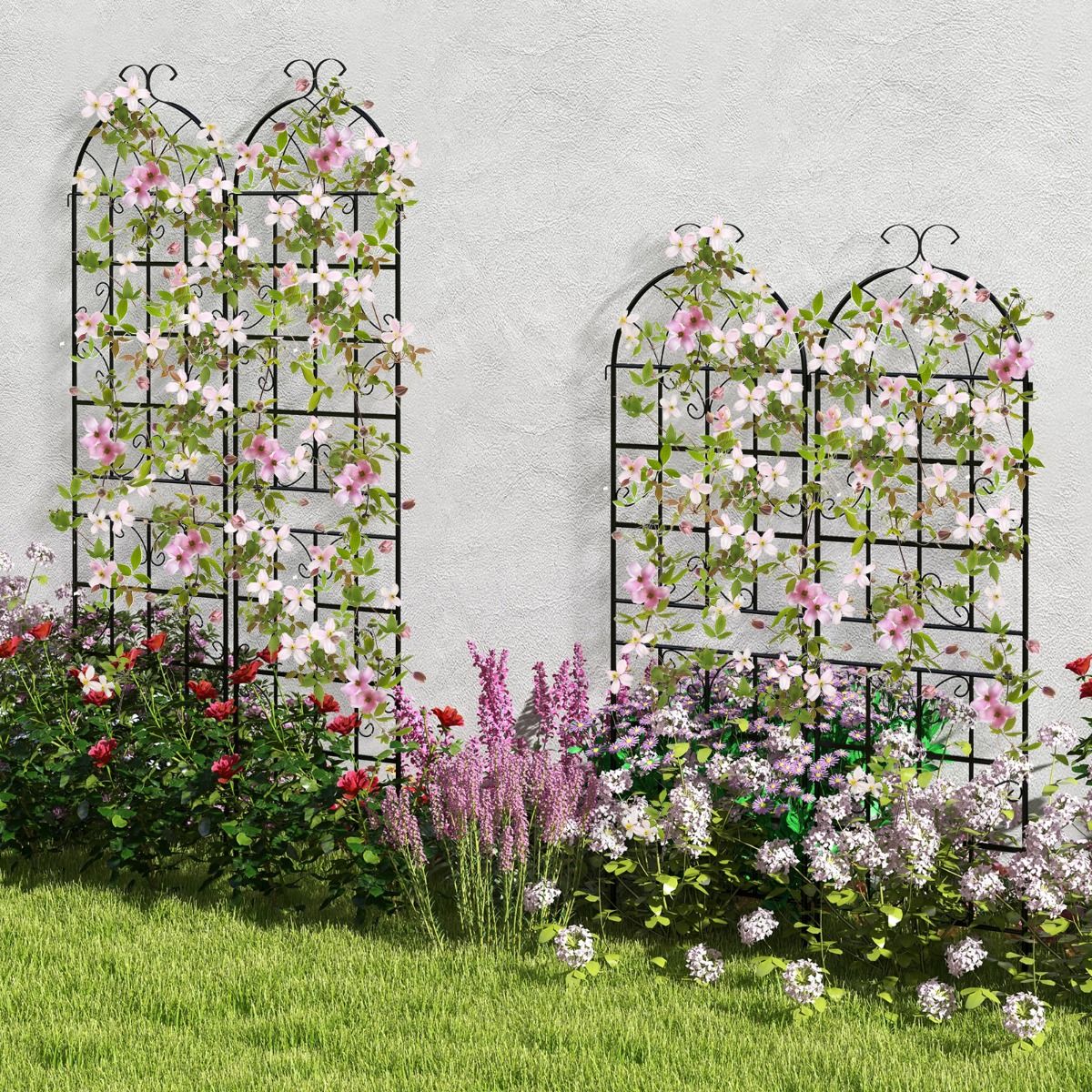 Set of 4 Metal Garden Trellis 180 x 50 cm Decorative Fence for Climbing Plant Rust-Proof Flower Grid for Garden Courtyard Patio Black -
