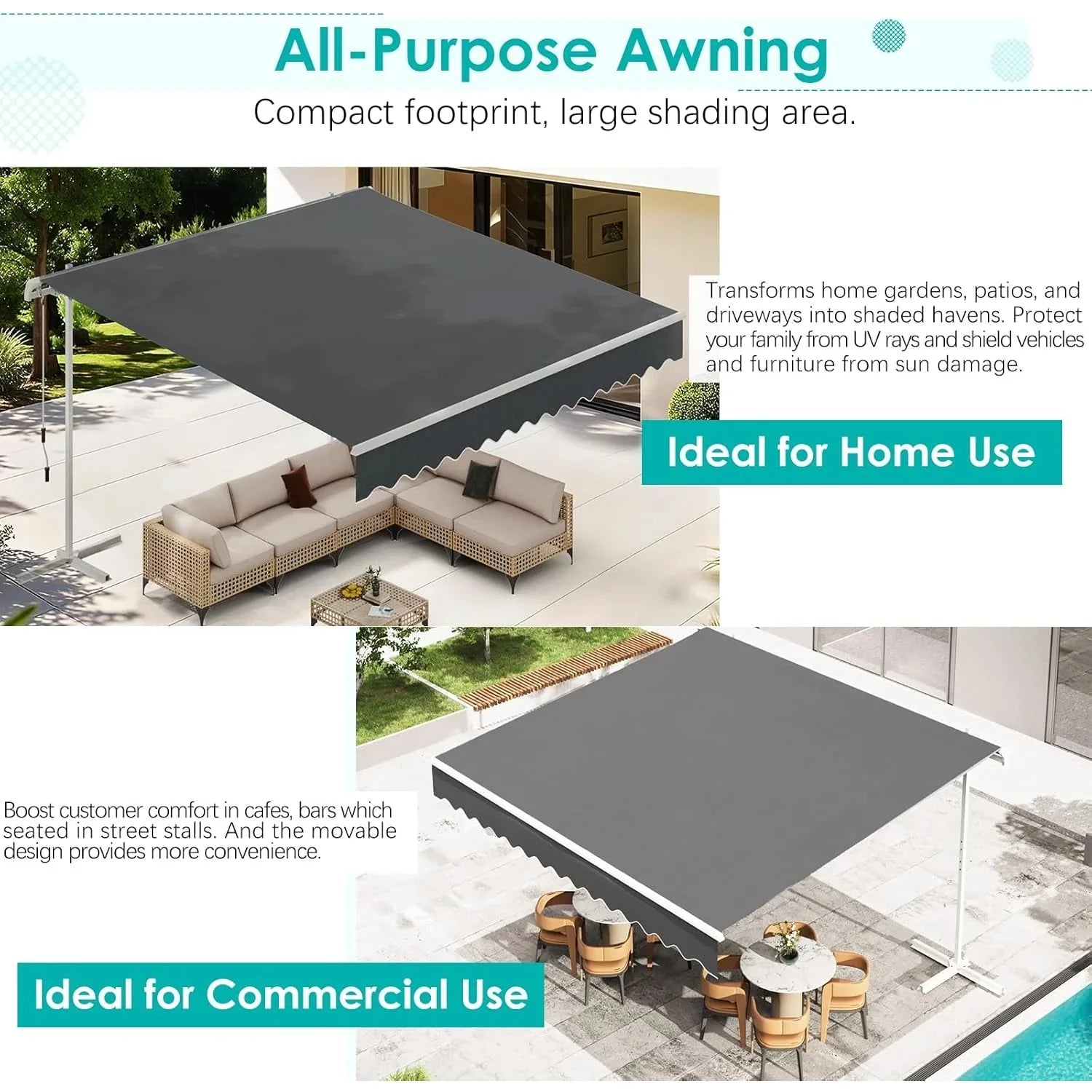 AECOJOY Free Standing Retractable Awning, 10'x8' Patio Awnings Outdoor Manual Sun Shade Shelter, Dark Grey - Product image 15