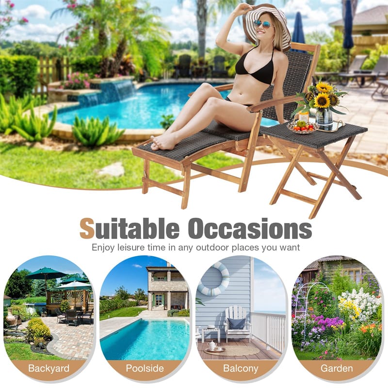 3-Piece Patio Lounge Chair Set, Acacia Wood Rattan Wicker Folding Chaise Lounge with Retractable Ottoman & - Product image 10