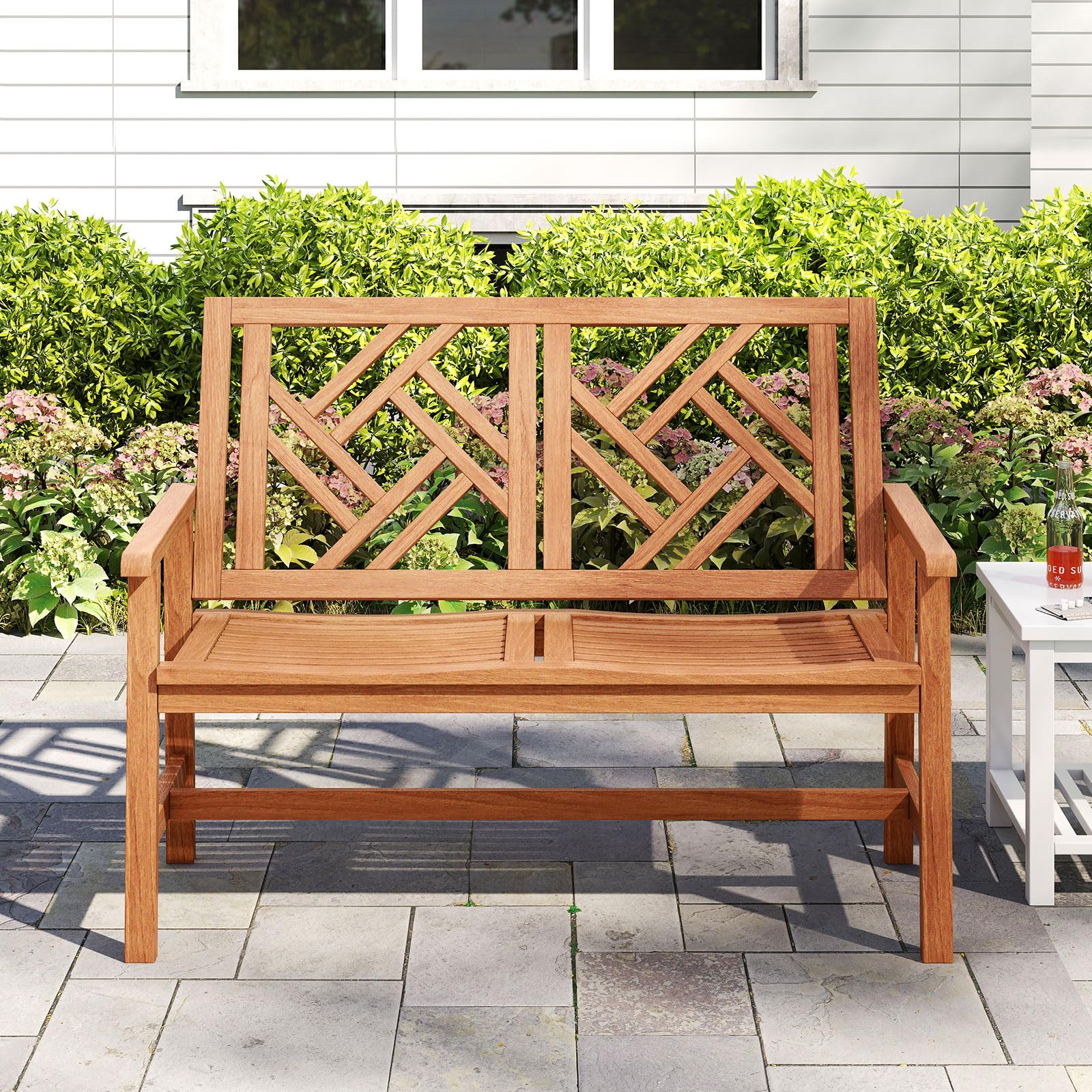 Tangkula Outdoor Bench Wood 2-Person Patio Loveseat Chair with Geometric Backrest - Product image 5