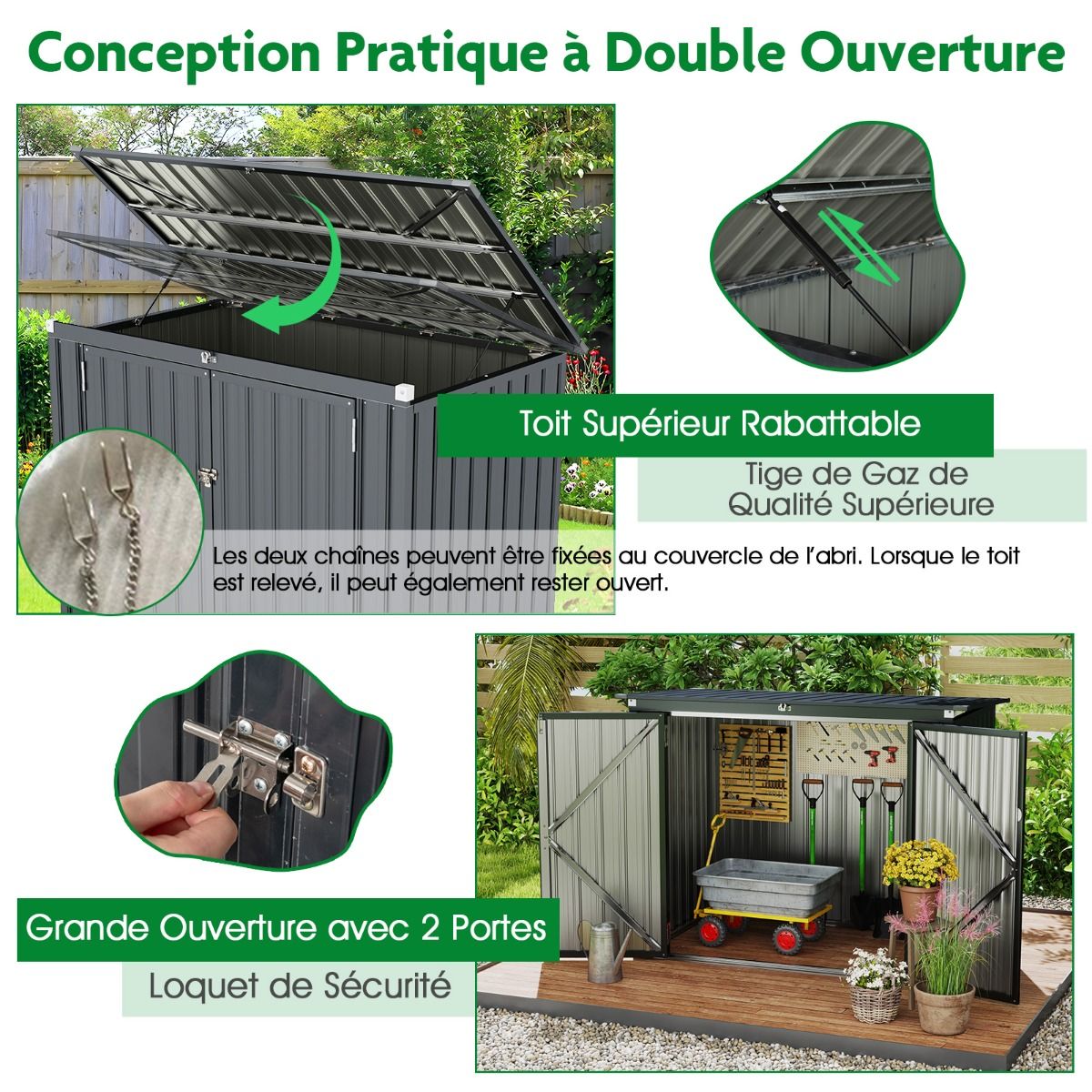 Galvanized Metal Storage Shed for Outdoor Bins Lockable Garden Shed with Open Roof 2 Doors 172X95.5X130CM Gray -