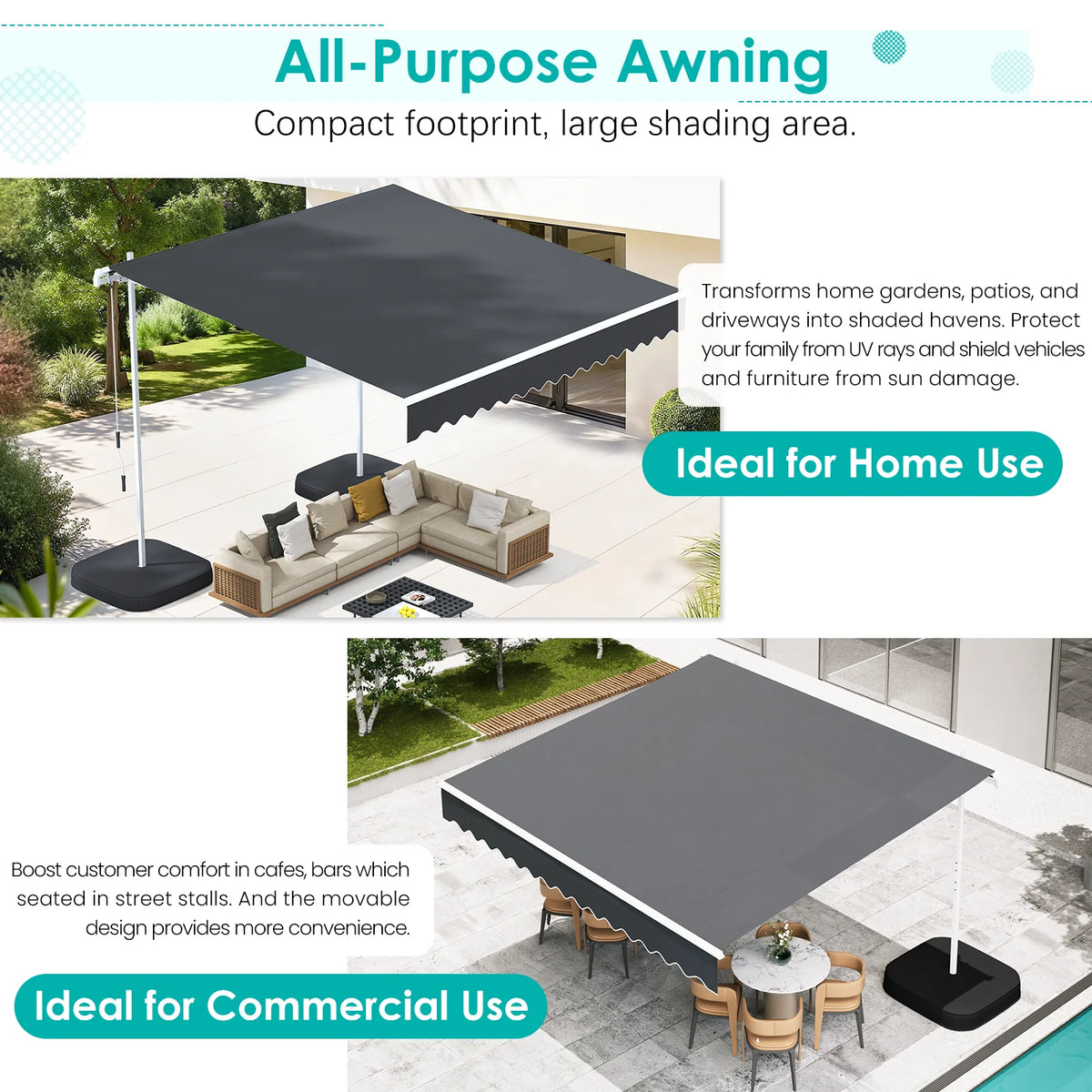 AECOJOY Free Standing Retractable Awning, 10'x8' Patio Awnings Outdoor Manual Sun Shade Shelter, Dark Grey - Product image 6