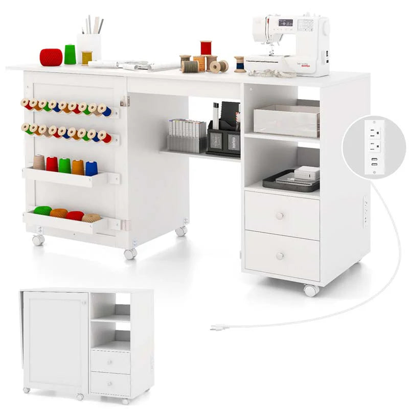 Folding Sewing Machine Table with Charging Station, Rolling Sewing Cabinet Craft Table with Storage - Product image 1