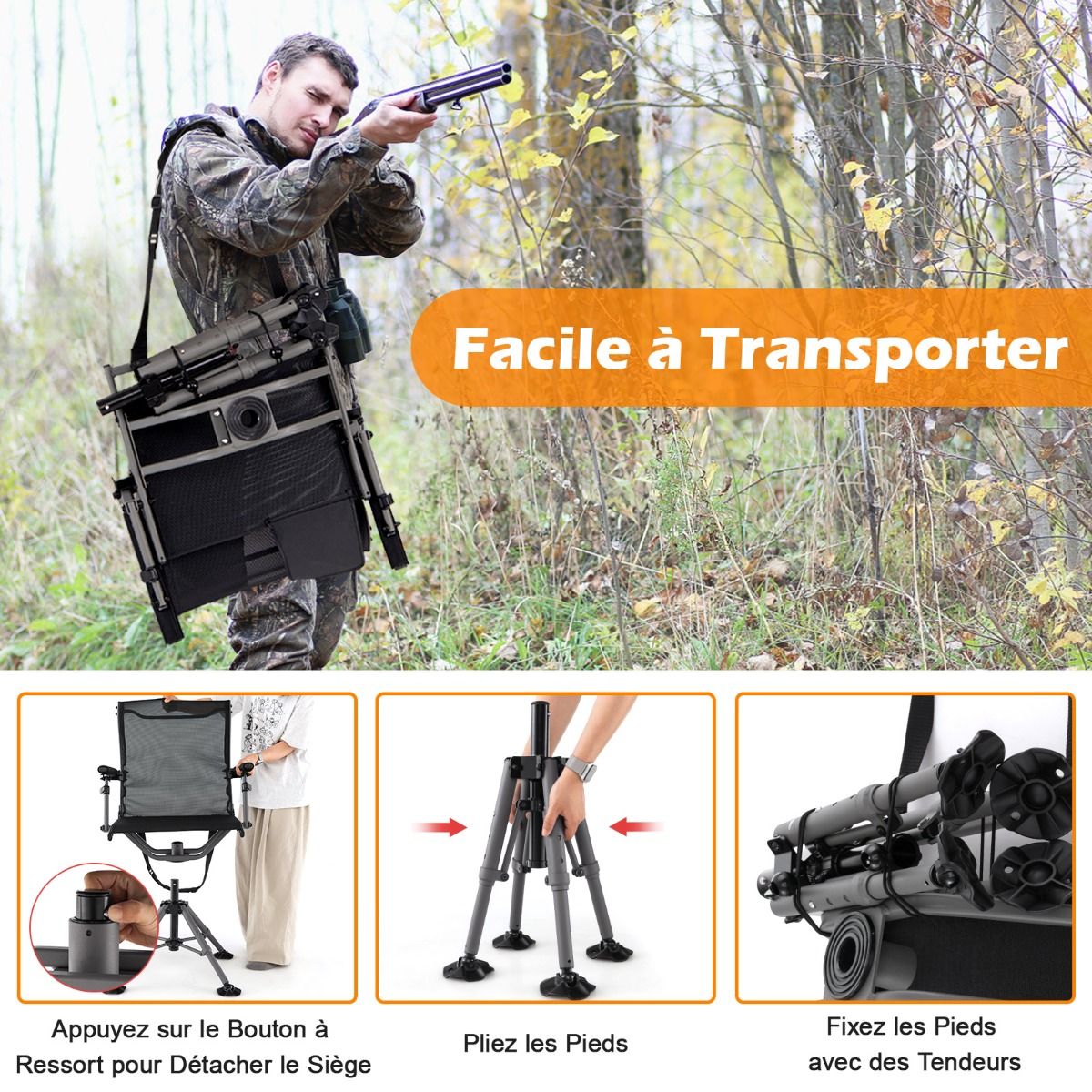Portable Hunting Chair Shooting Chair with Adjustable Folding Seat 360° Rotation Adjustable Rifle Support Load 150 kg Black -