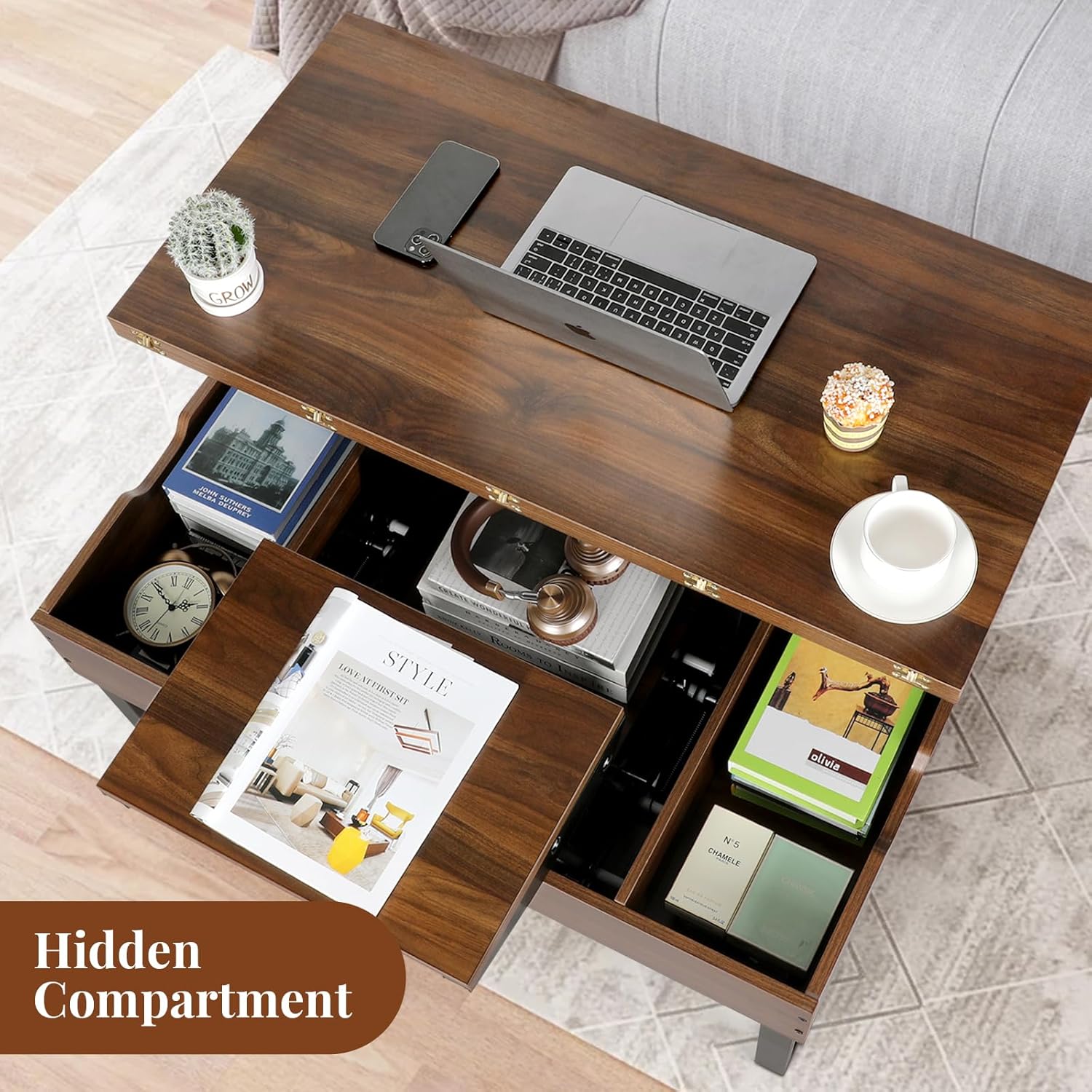 VOWNER Liftable Coffee Table, 3 in 1 Multifunctional Living Room Table with Hidden Storage, Convertible Living Room Dining Coffee Table, Walnut Color