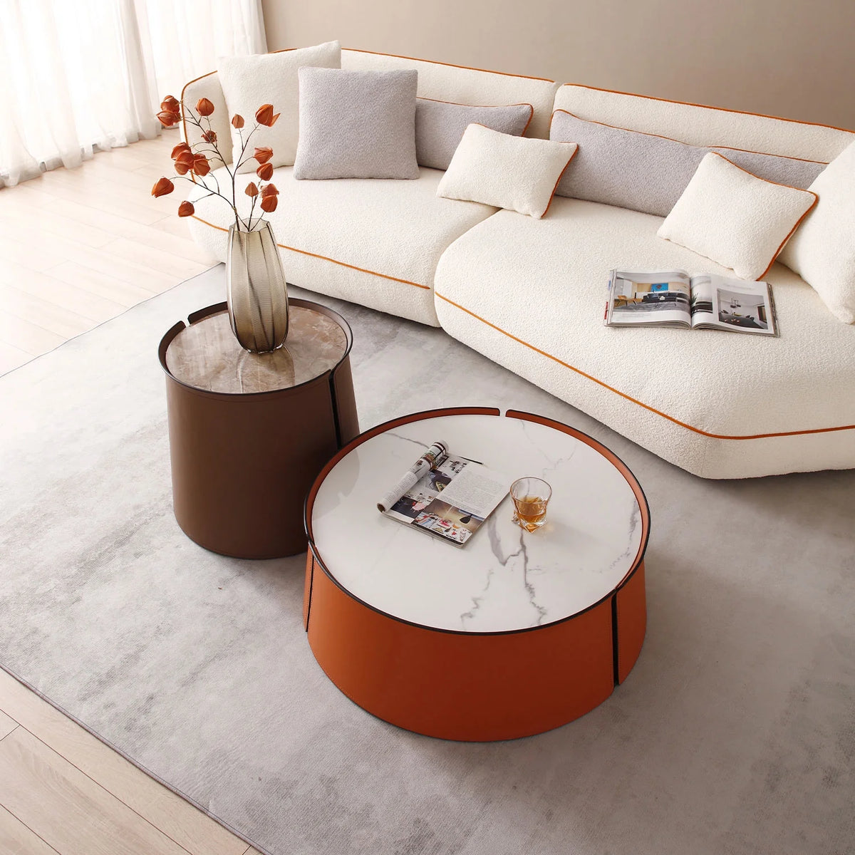 31.5 in Coffee Table, Marble Top+Orange Saddle Leather Body+Iron Frame - Product image 3