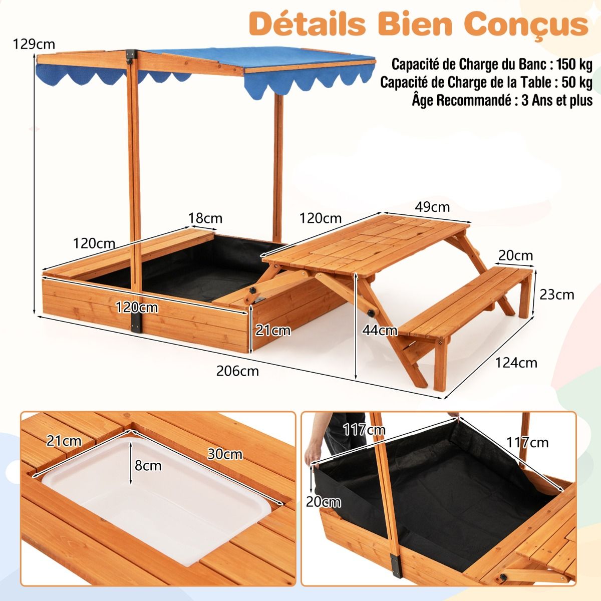 Wooden Children's Sandbox with Lid Play Area with Foldable Sensory Table & Adjustable Parasol Bench for 3+ Years Natural -