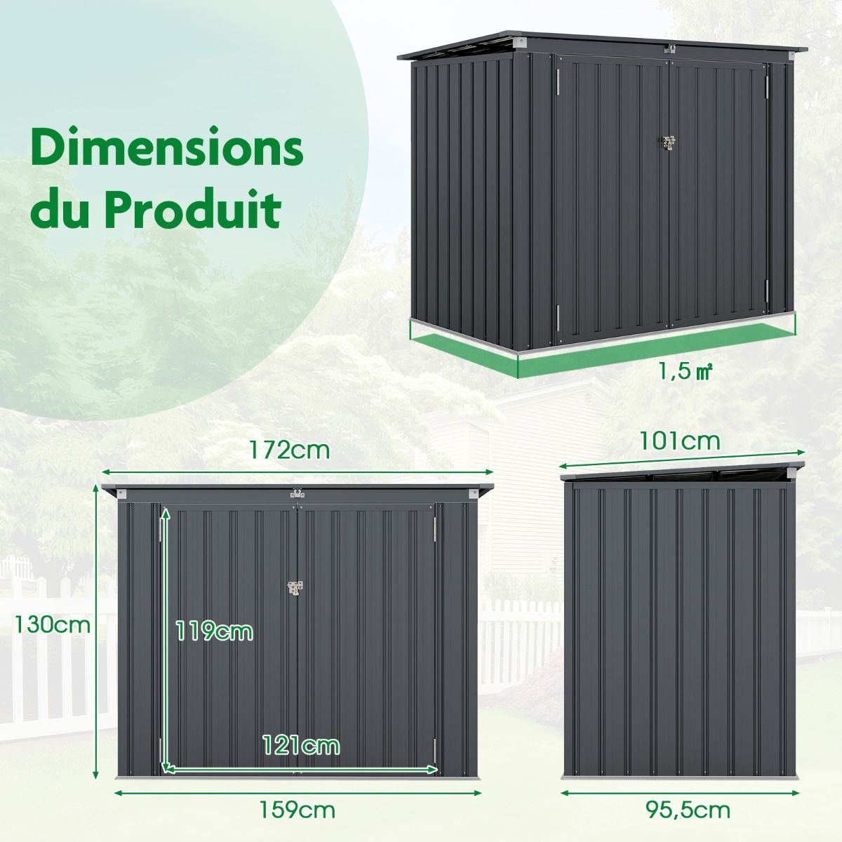 Galvanized Metal Storage Shed for Outdoor Bins Lockable Garden Shed with Open Roof 2 Doors 172X95.5X130CM Gray -