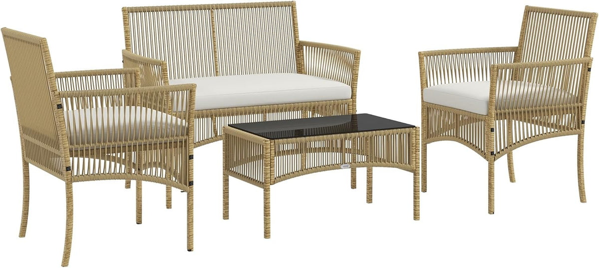 Outsunny Outdoor garden furniture 4 pieces 2-seater sofa + 2 armchairs + 1 coffee table Black tempered glass top 3 seat cushions - metal and woven resin - Beige