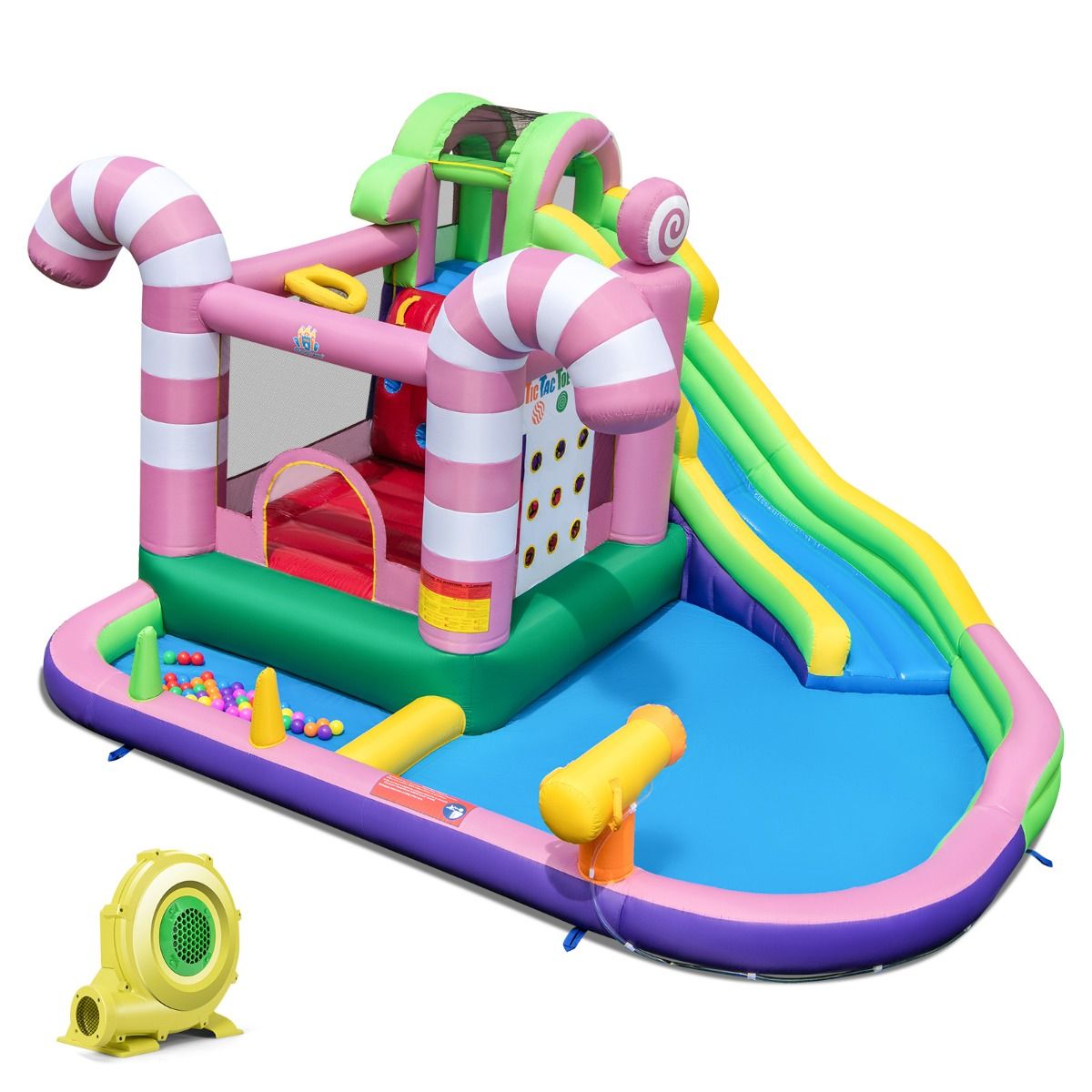 9 in 1 Candy Shaped Bouncy Castle with Slide Inflatable Jumping House with Water Gun Load 90kg for 2 Children Aged 3-10 -