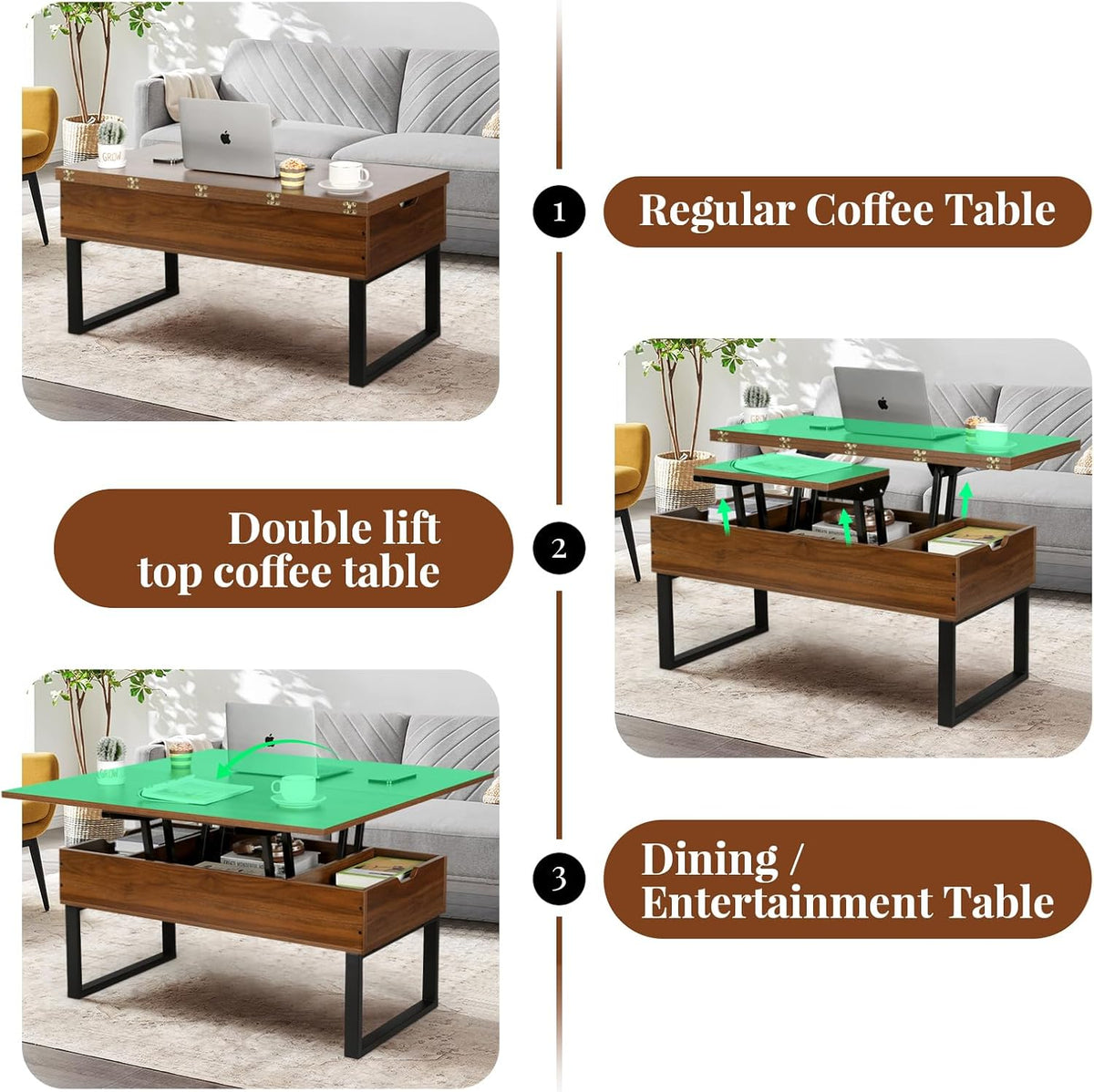 VOWNER Liftable Coffee Table, 3 in 1 Multifunctional Living Room Table with Hidden Storage, Convertible Living Room Dining Coffee Table, Walnut Color