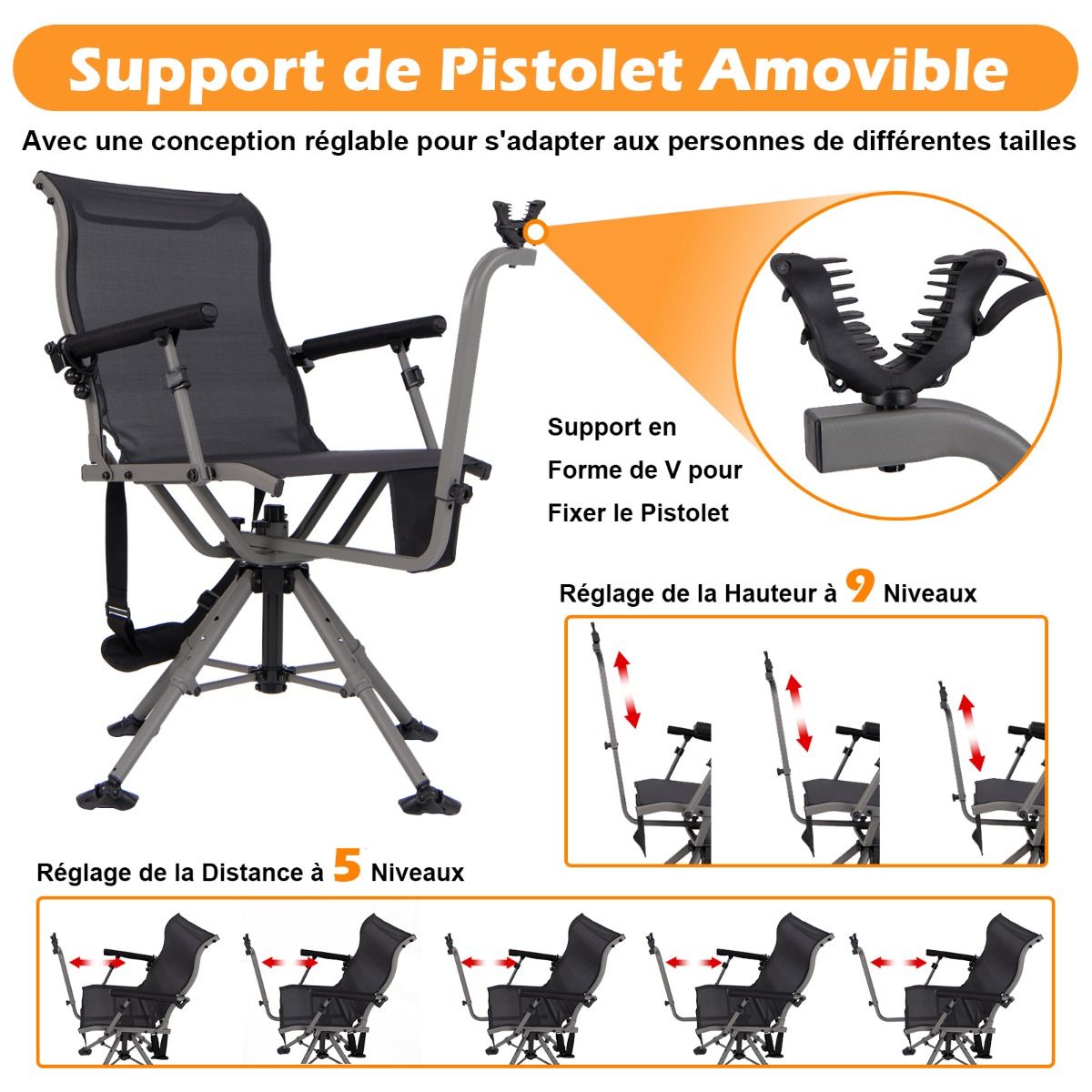 Portable Hunting Chair Shooting Chair with Adjustable Folding Seat 360° Rotation Adjustable Rifle Support Load 150 kg Black -