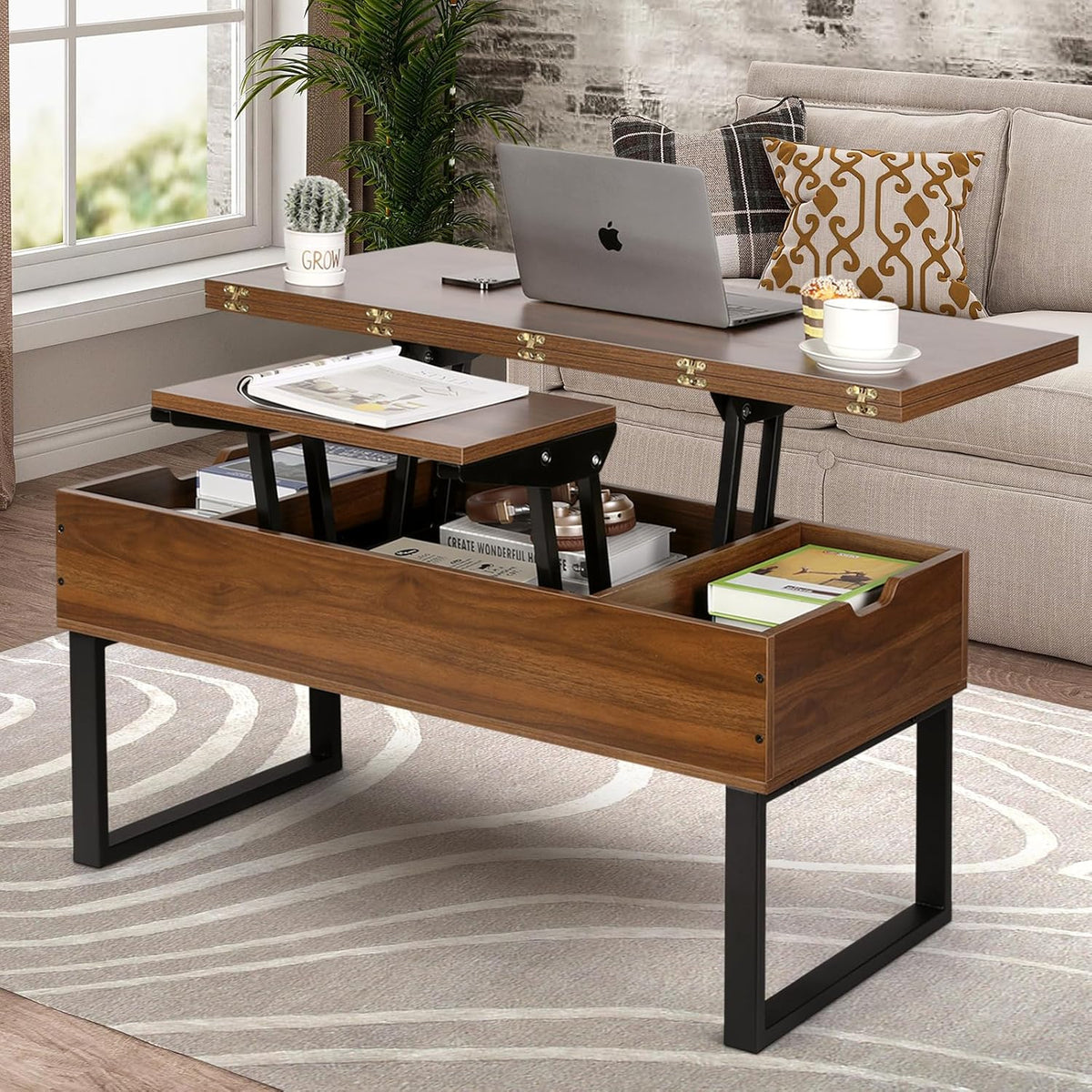 VOWNER Liftable Coffee Table, 3 in 1 Multifunctional Living Room Table with Hidden Storage, Convertible Living Room Dining Coffee Table, Walnut Color