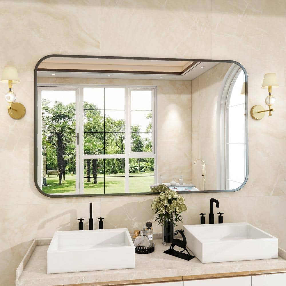 XRAMFY 30 in. W x 47 in. H Rectangular Modern Aluminum Alloy Framed Rounded Black Wall Mirror - Product image 1