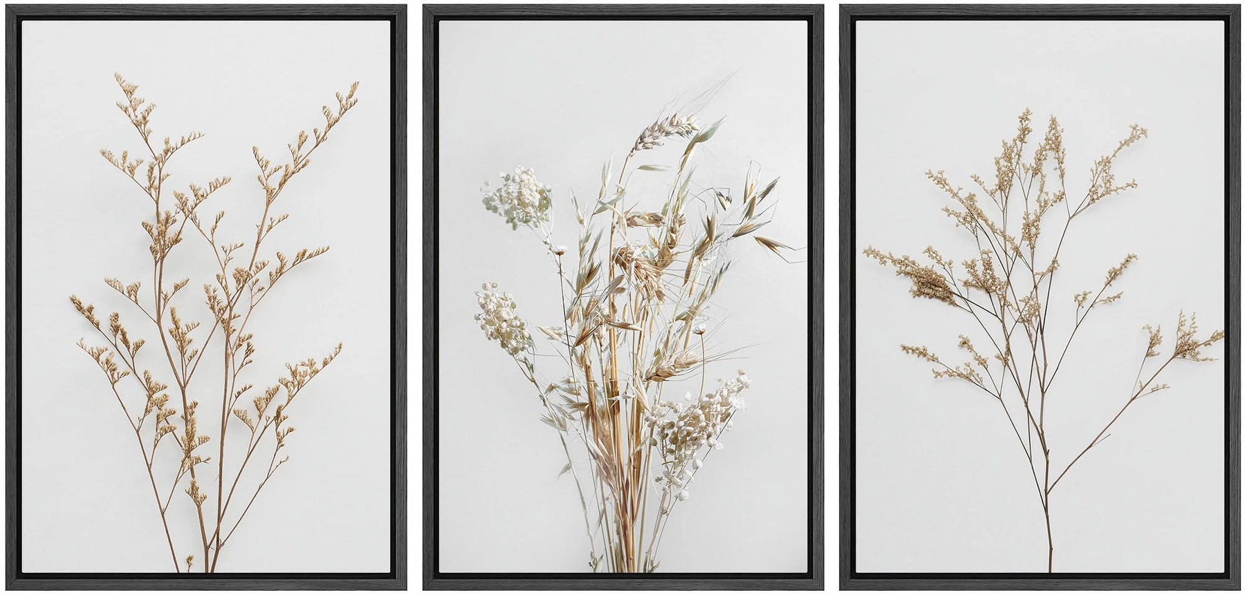 IDEA4WALL Framed Canvas Print Wall Art Set of 3 Wildflower Floral Botanical Prints, Modern Farmhouse Flowers Wall Decor, Large Wall Art, Minimalist Artwork for Home Decor - Black 16"x24"x3