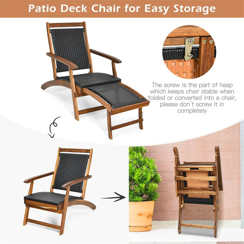 3-Piece Patio Lounge Chair Set, Acacia Wood Rattan Wicker Folding Chaise Lounge with Retractable Ottoman & - Product image 9