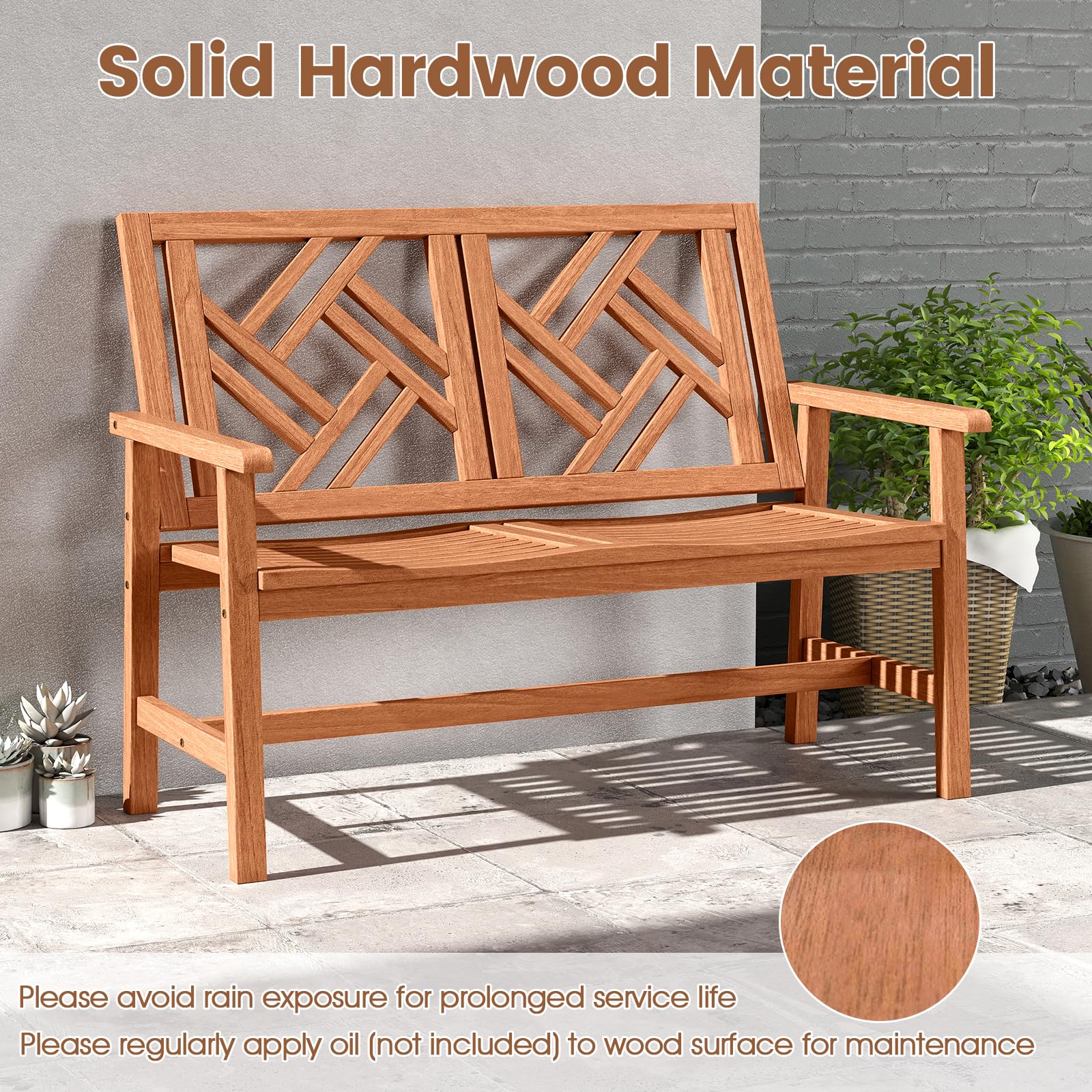 Tangkula Outdoor Bench Wood 2-Person Patio Loveseat Chair with Geometric Backrest - Product image 6