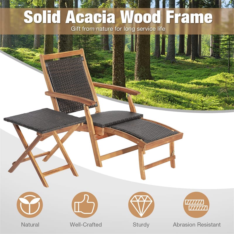 3-Piece Patio Lounge Chair Set, Acacia Wood Rattan Wicker Folding Chaise Lounge with Retractable Ottoman & - Product image 4