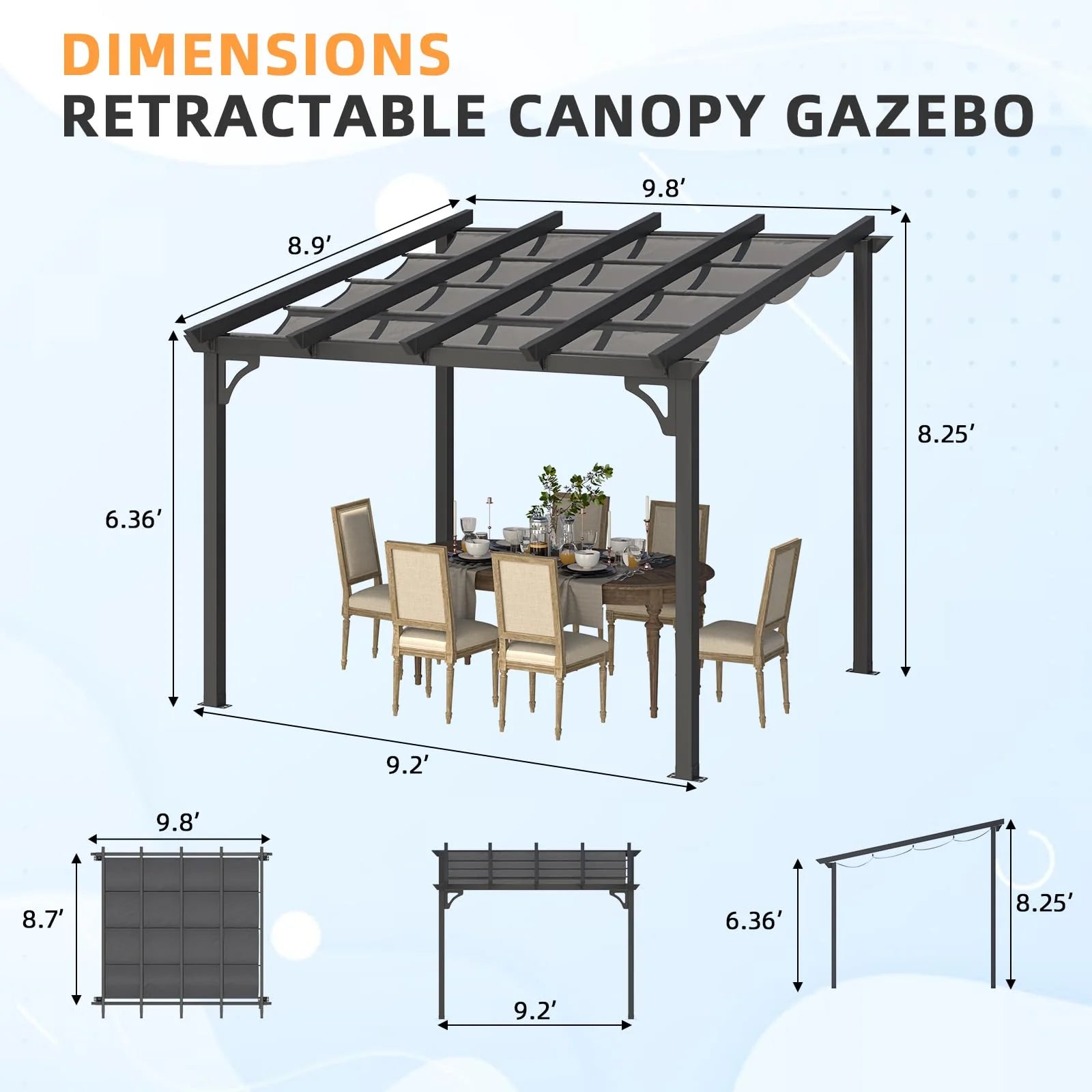 AECOJOY 10' x 8' Gazebo for Patio, Retractable Pergola with Adjustable Sun Shade Canopy Roof - Product image 3