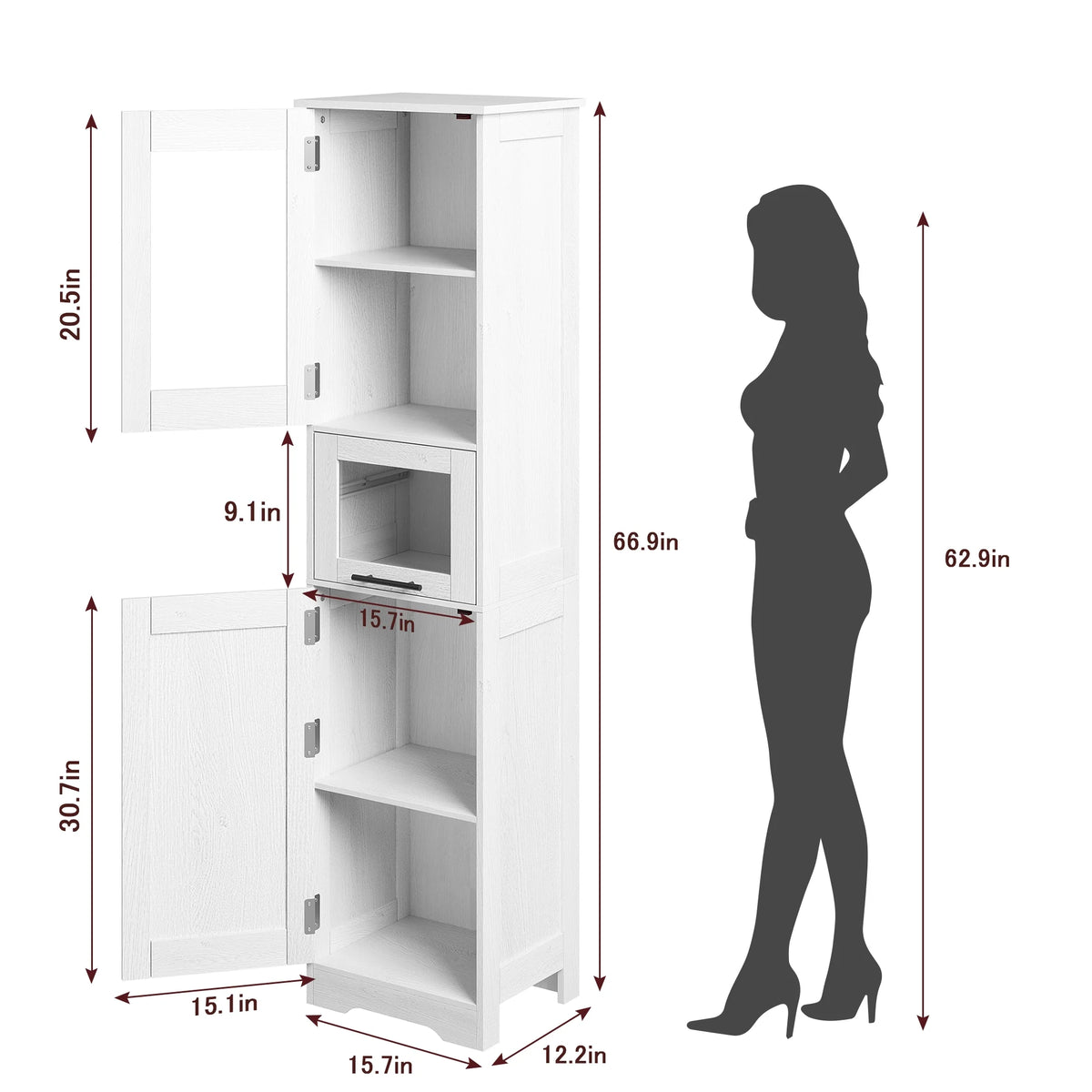 Bathroom Cabinet, Tall Storage Cabinet with Doors and Adjustable Shelf, Freestanding Floor Pantry Cabinet for Kitchen, Living Room, Laundry Room, Home Office