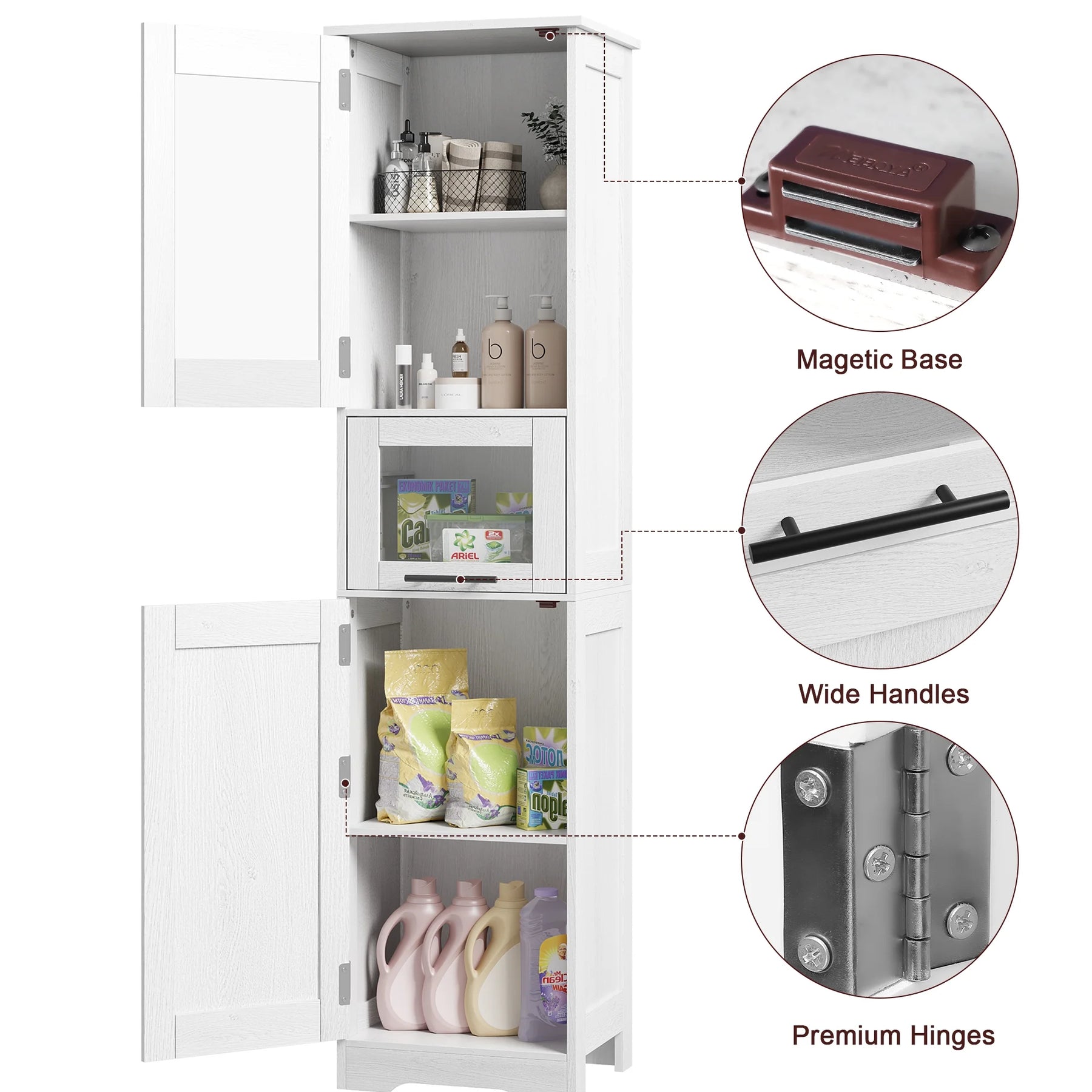 Bathroom Cabinet, Tall Storage Cabinet with Doors and Adjustable Shelf, Freestanding Floor Pantry Cabinet for Kitchen, Living Room, Laundry Room, Home Office