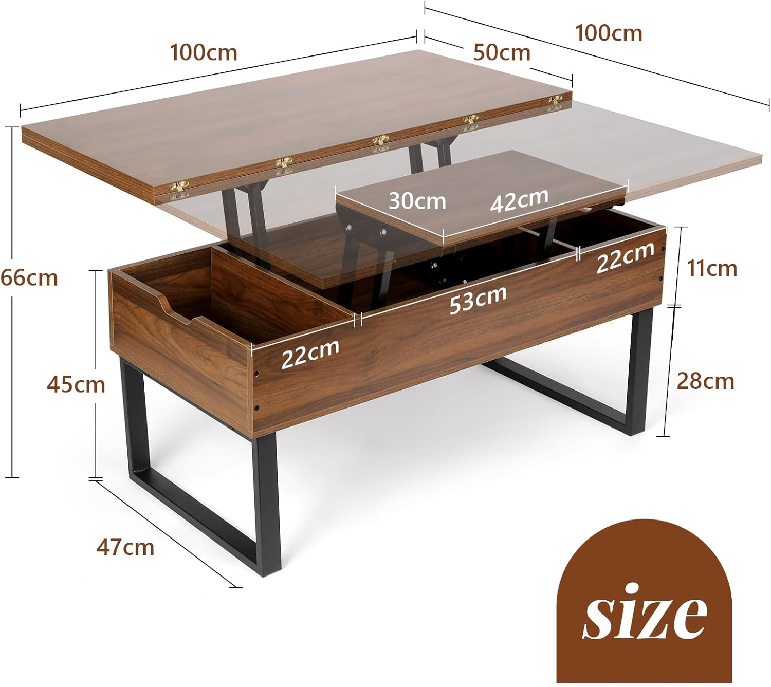 VOWNER Liftable Coffee Table, 3 in 1 Multifunctional Living Room Table with Hidden Storage, Convertible Living Room Dining Coffee Table, Walnut Color