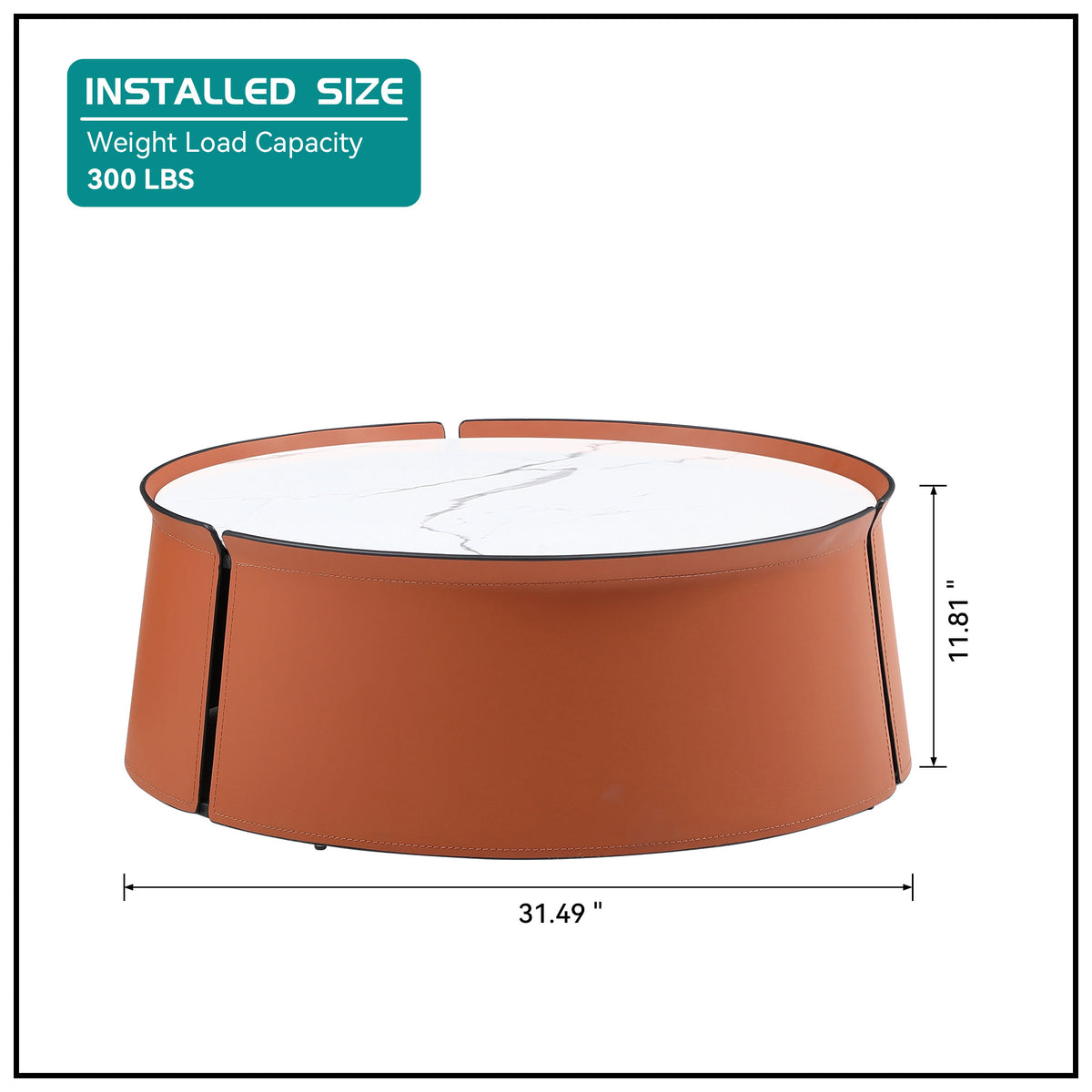 31.5 in Coffee Table, Marble Top+Orange Saddle Leather Body+Iron Frame - Product image 4