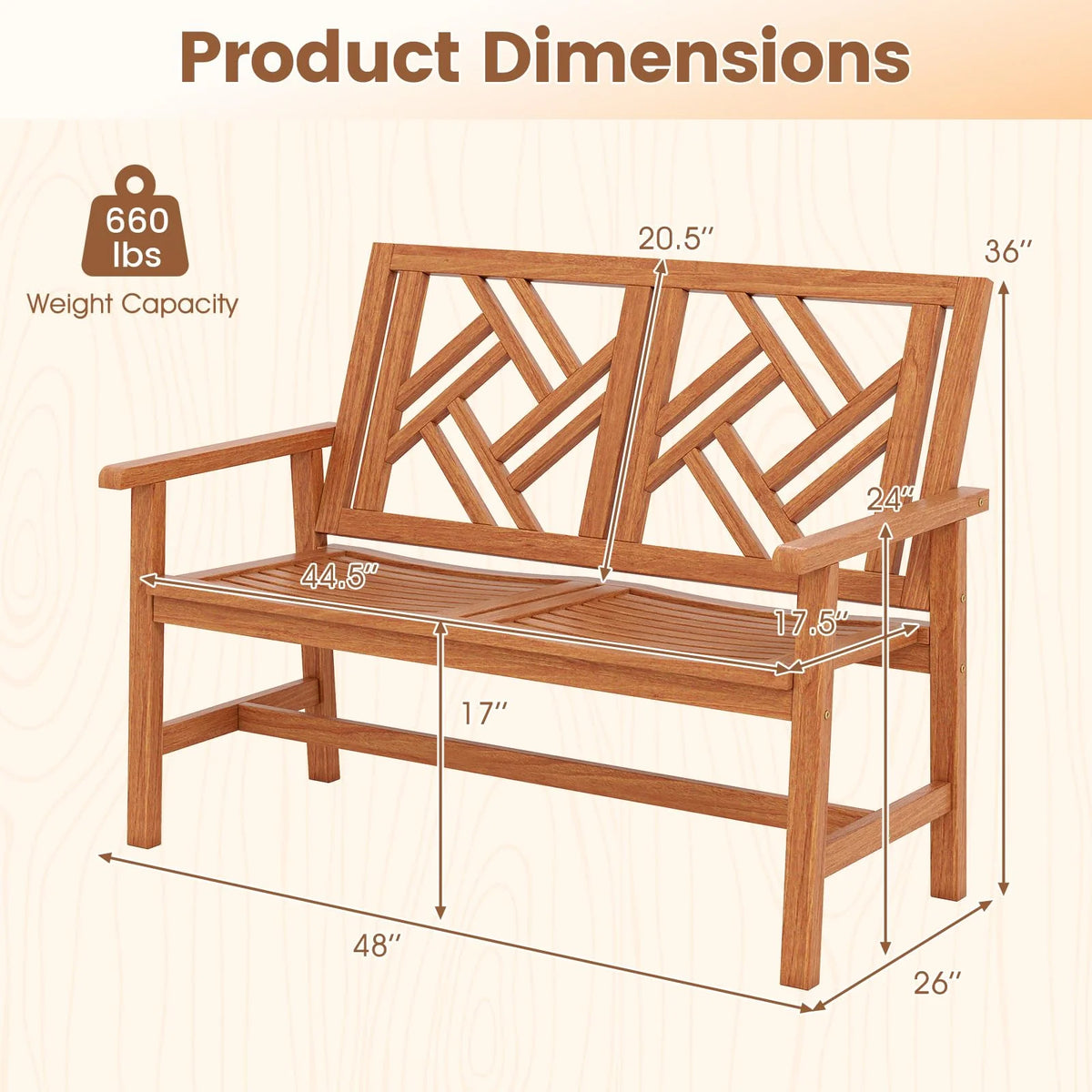 Tangkula Outdoor Bench Wood 2-Person Patio Loveseat Chair with Geometric Backrest - Product image 3