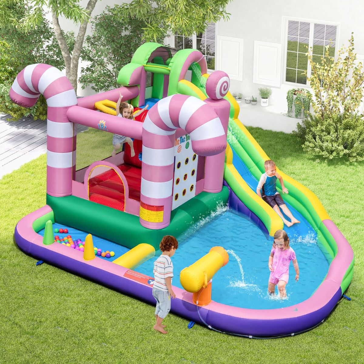 9 in 1 Candy Shaped Bouncy Castle with Slide Inflatable Jumping House with Water Gun Load 90kg for 2 Children Aged 3-10 -