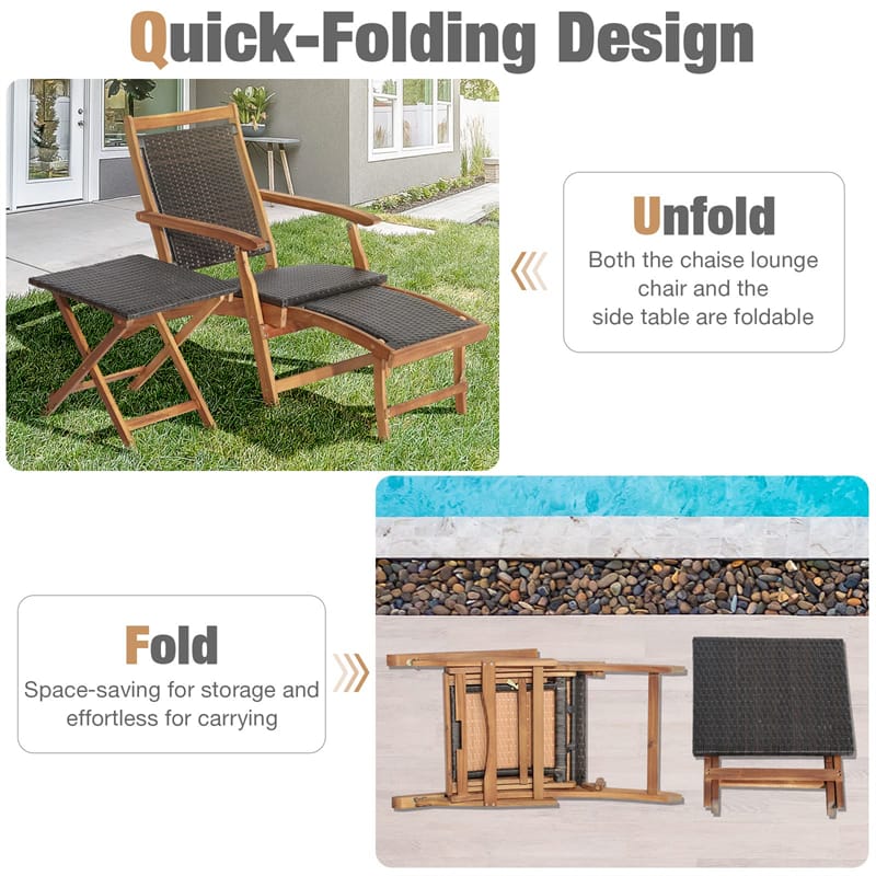 3-Piece Patio Lounge Chair Set, Acacia Wood Rattan Wicker Folding Chaise Lounge with Retractable Ottoman & - Product image 8