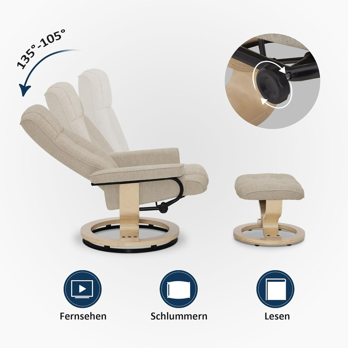 M MCombo Relax Armchair with Pouf, 360° Swivel TV Armchair with Chaise Longue Function, TV Armchair Supporting Up to 120 Kg, Rest Armchair for Living Room, 9019 (Fabric, Beige)