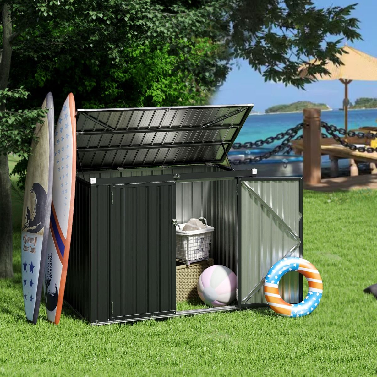 Galvanized Metal Storage Shed for Outdoor Bins Lockable Garden Shed with Open Roof 2 Doors 172X95.5X130CM Gray -