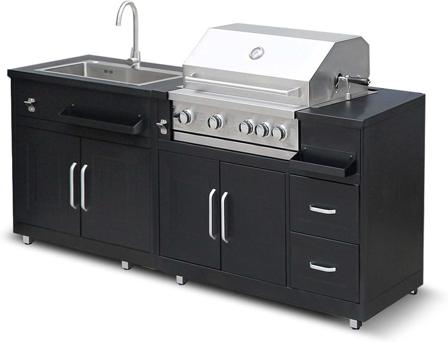 Outdoor metal kitchen with barbecue sink and storage