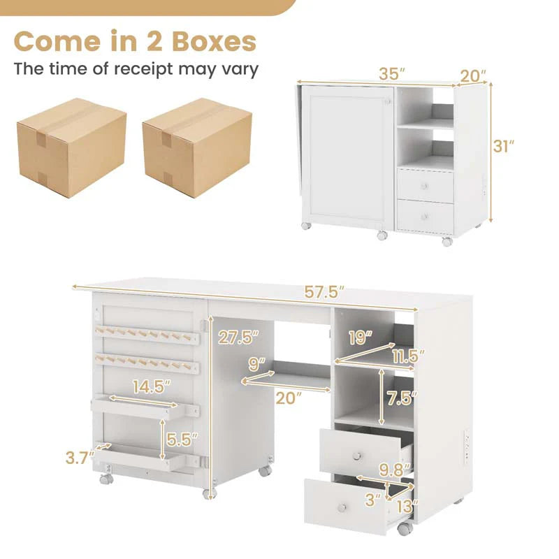 Folding Sewing Machine Table with Charging Station, Rolling Sewing Cabinet Craft Table with Storage - Product image 8