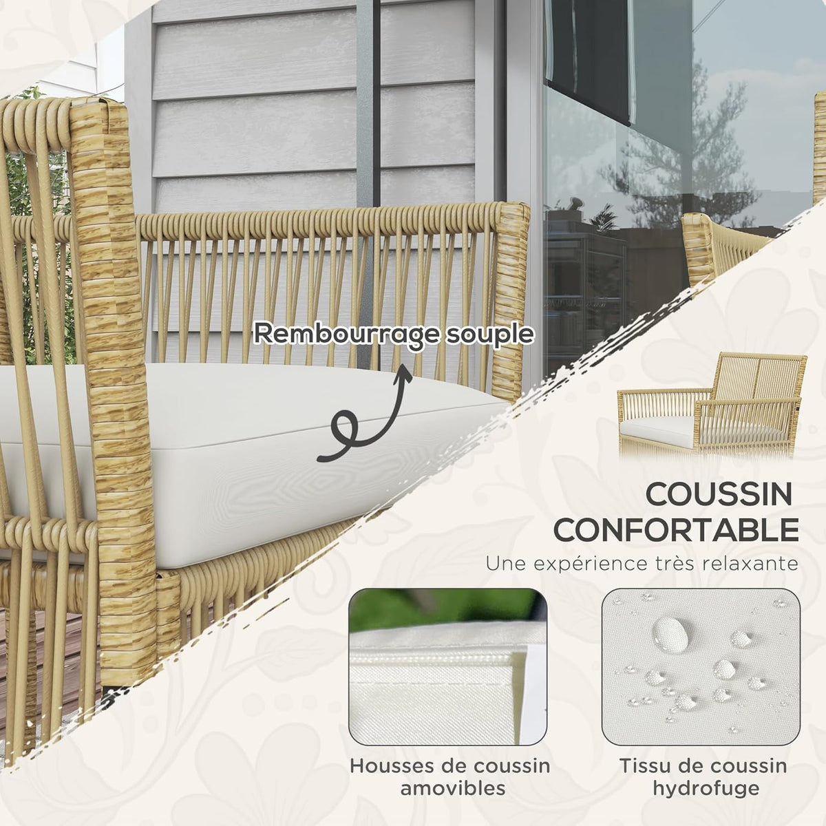 Outsunny Outdoor garden furniture 4 pieces 2-seater sofa + 2 armchairs + 1 coffee table Black tempered glass top 3 seat cushions - metal and woven resin - Beige