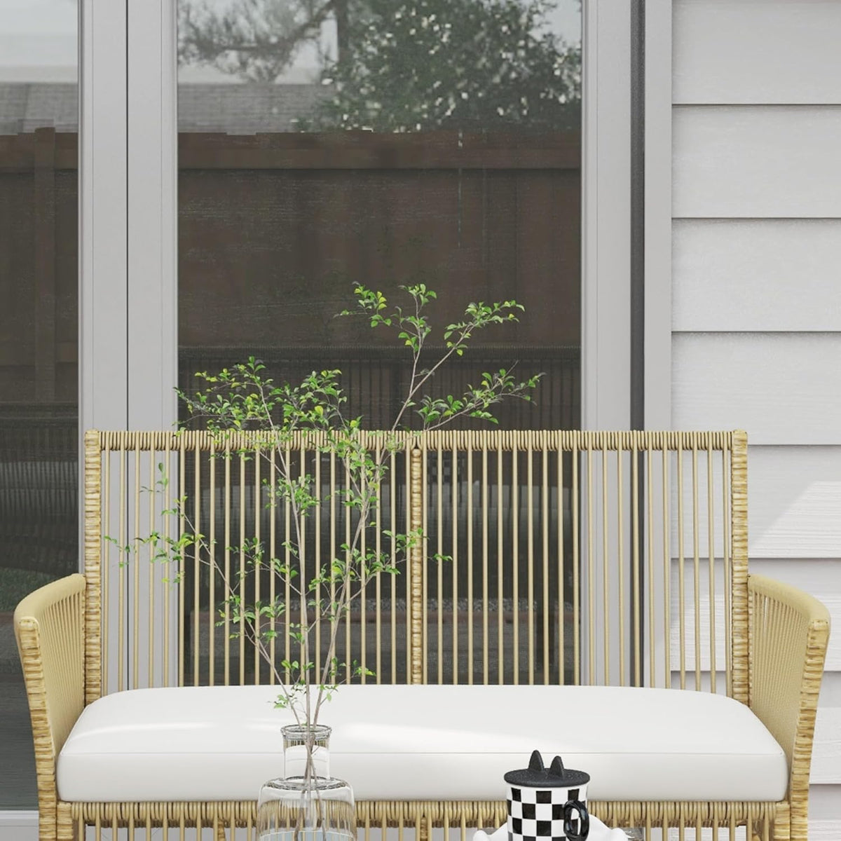 Outsunny Outdoor garden furniture 4 pieces 2-seater sofa + 2 armchairs + 1 coffee table Black tempered glass top 3 seat cushions - metal and woven resin - Beige